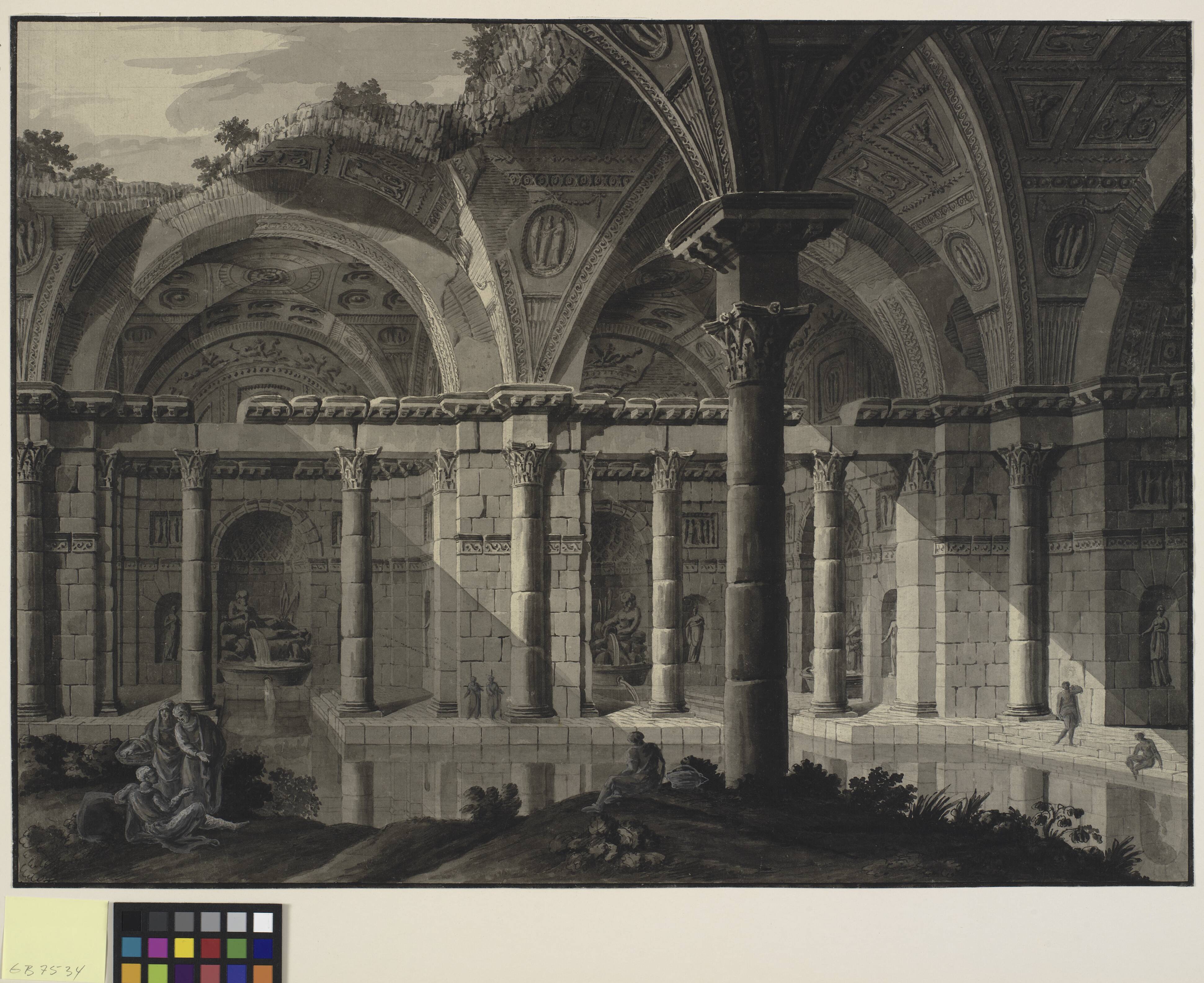 Architectural fantasy of an antique bath with ruined roof and figures