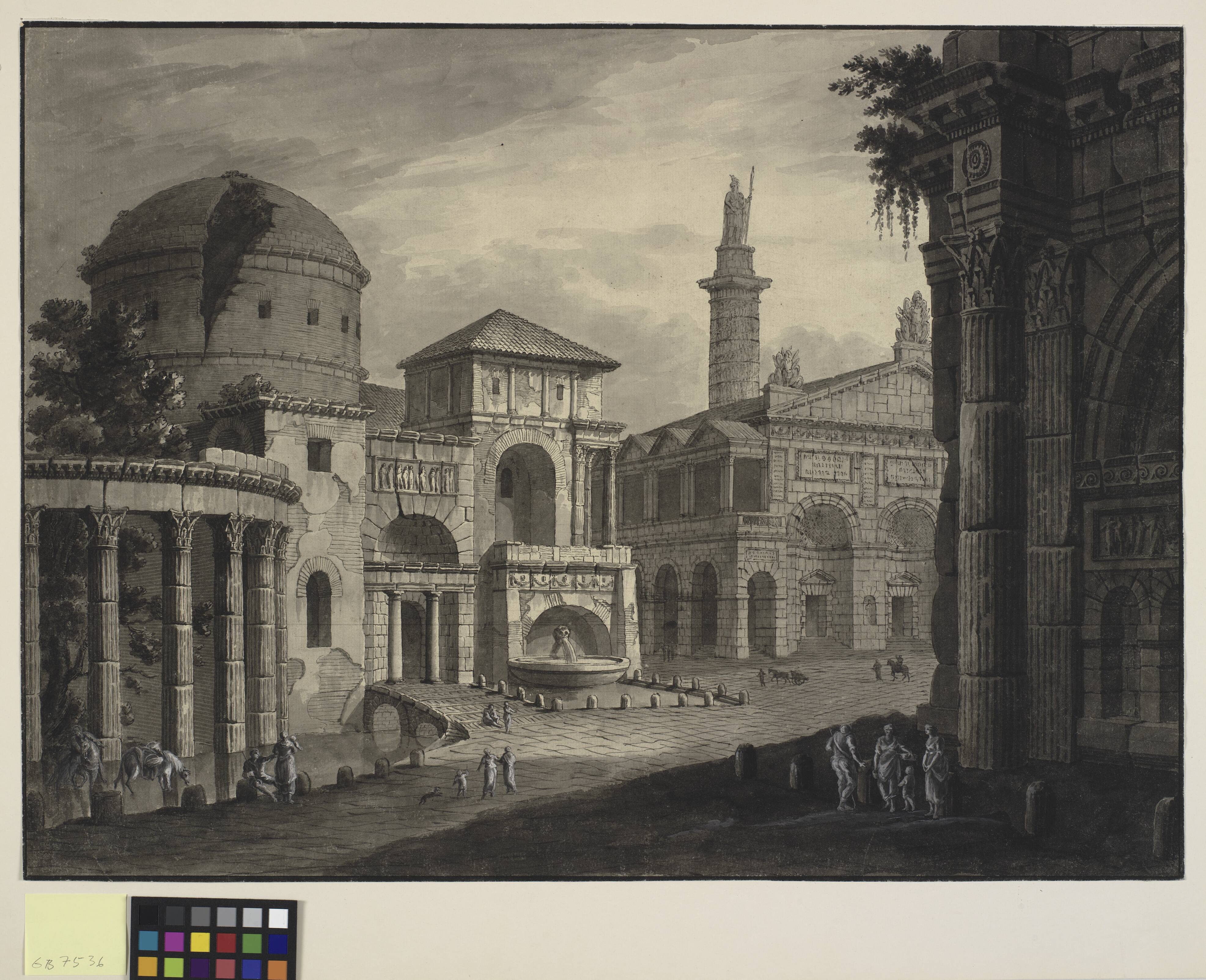Architectural fantasy of an ancient city with a square and many buildings, some partially in ruins