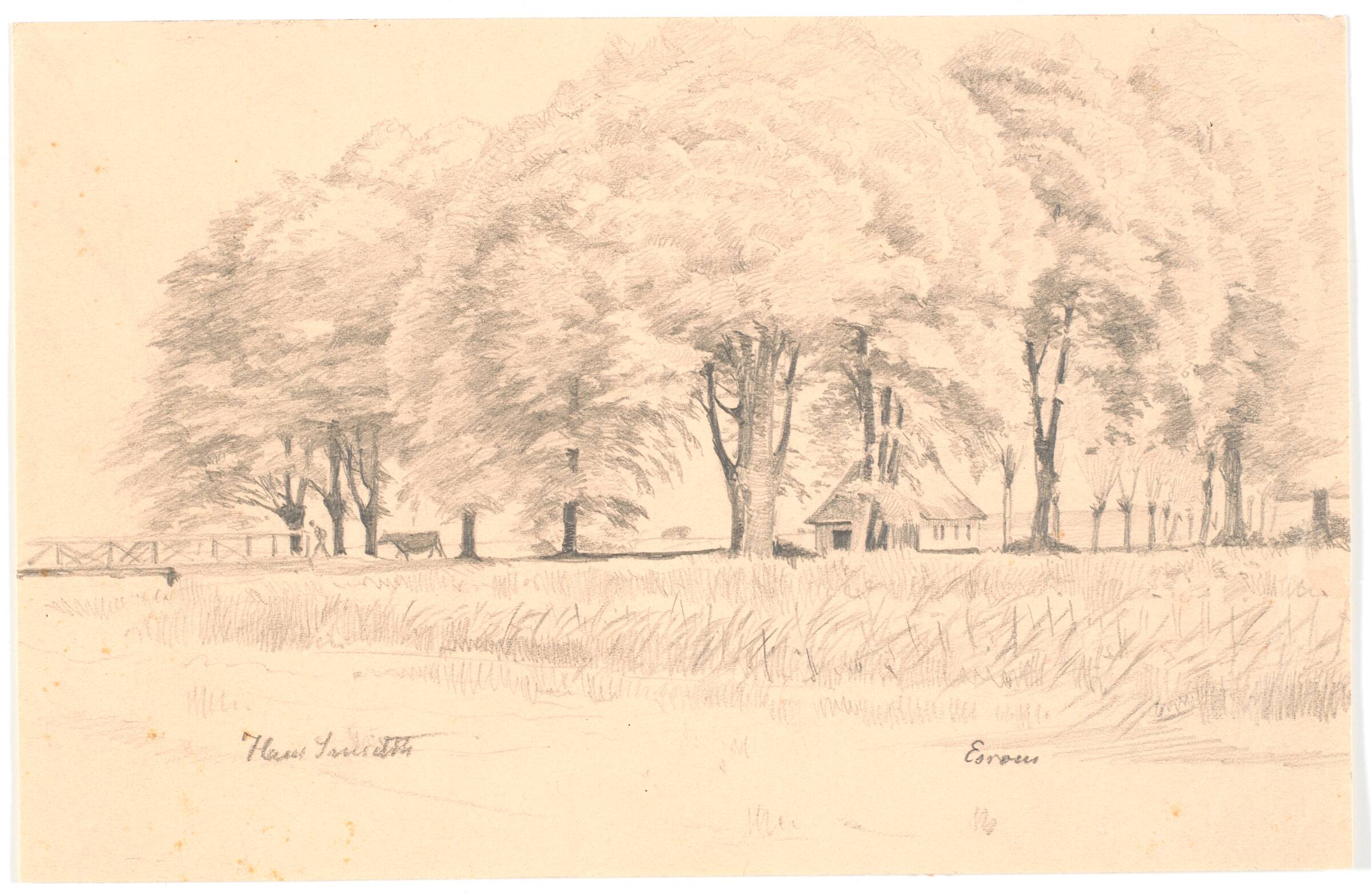Landskab ved Esrom, i forgrunden en å med en bro, i baggrunden høje træer og et hus, Hans Smidth, 1880-1889