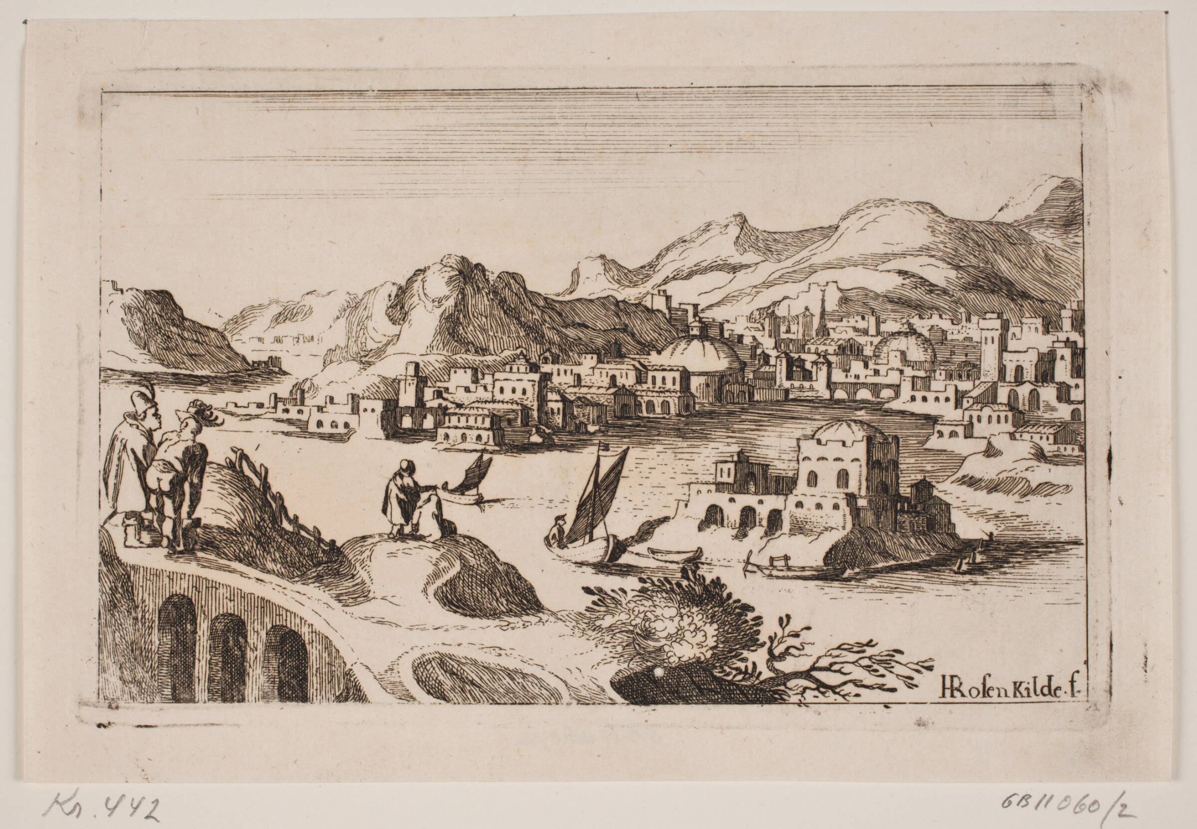 Kuperet kystlandskab med orientalske bygninger, H. Rosenkilde, 1746
