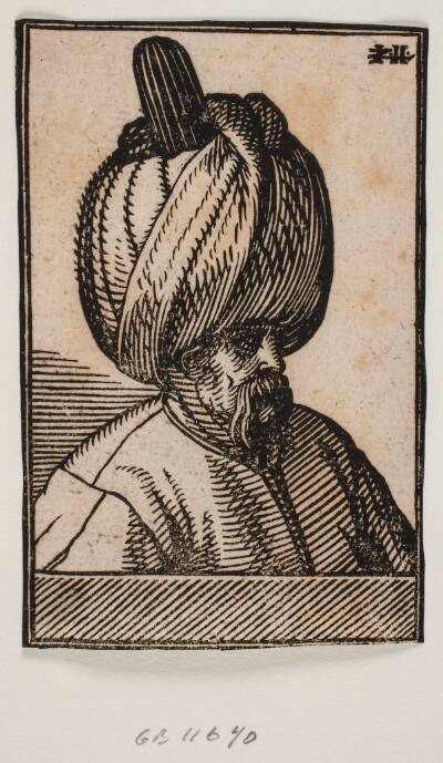 Brystbillede af skægget mand med turban, 3/4 profil t.h.