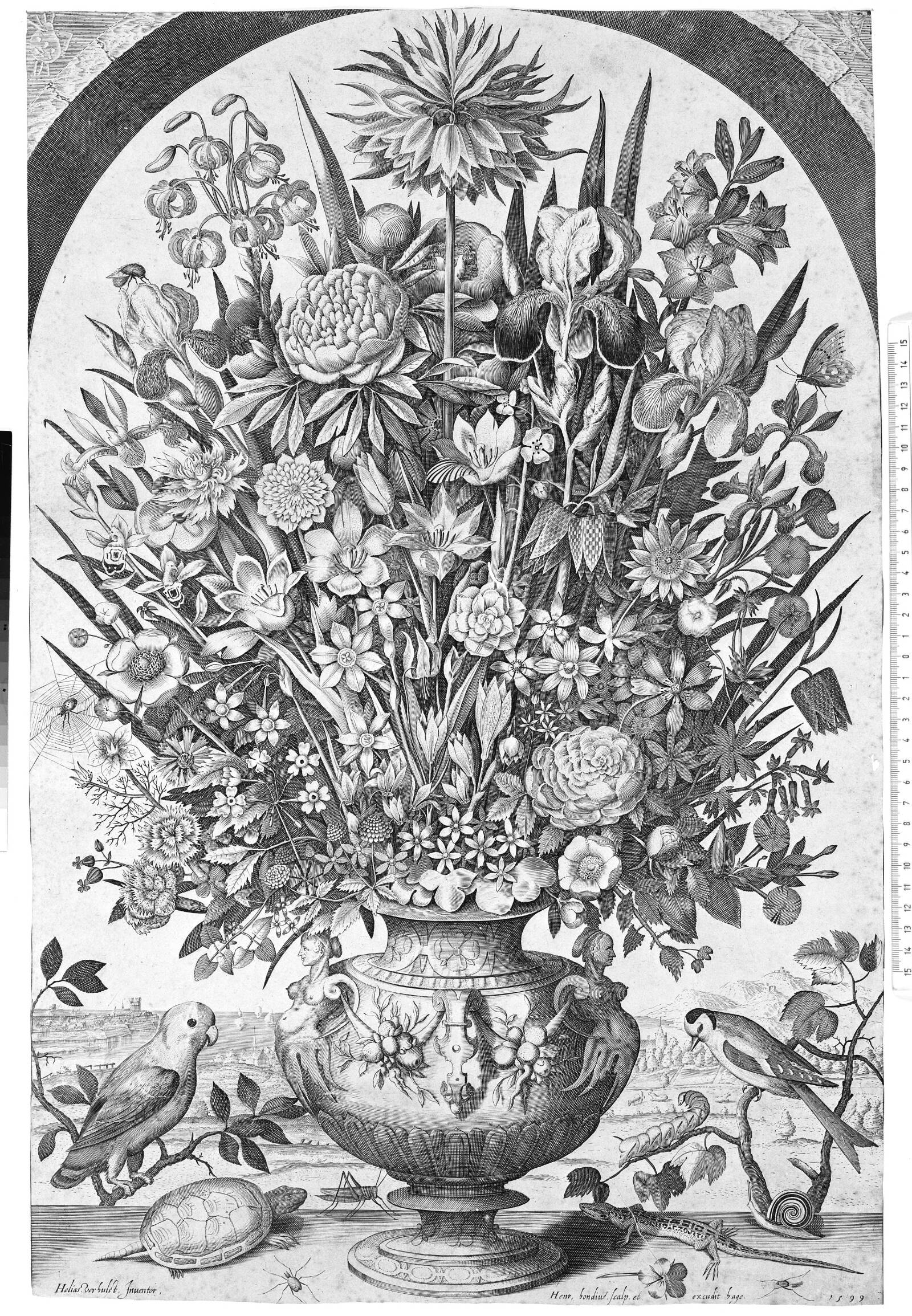 Vase med blomster, Hendrik Hondius, 1599