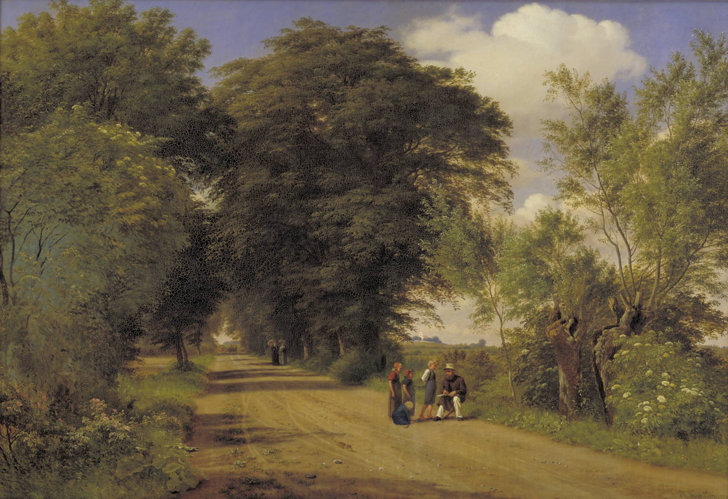 Landevej ved herregården Vognserup. Lundbye sidder ved vejkanten og tegner, P.C. Skovgaard, 1849