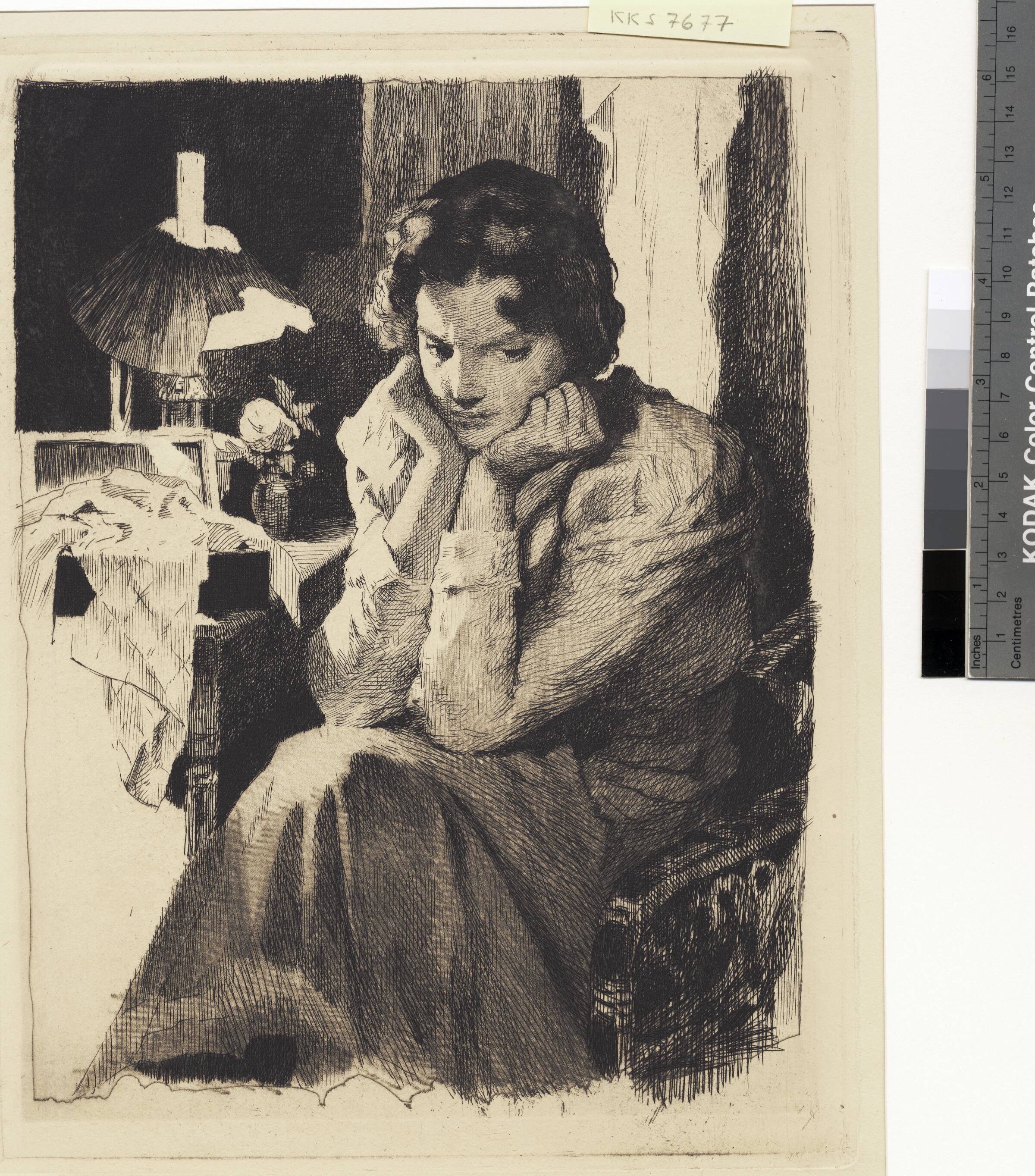 Ung pige ved sin lampe, støttende hovedet i begge hænder, Frans Schwartz, 1897-1900