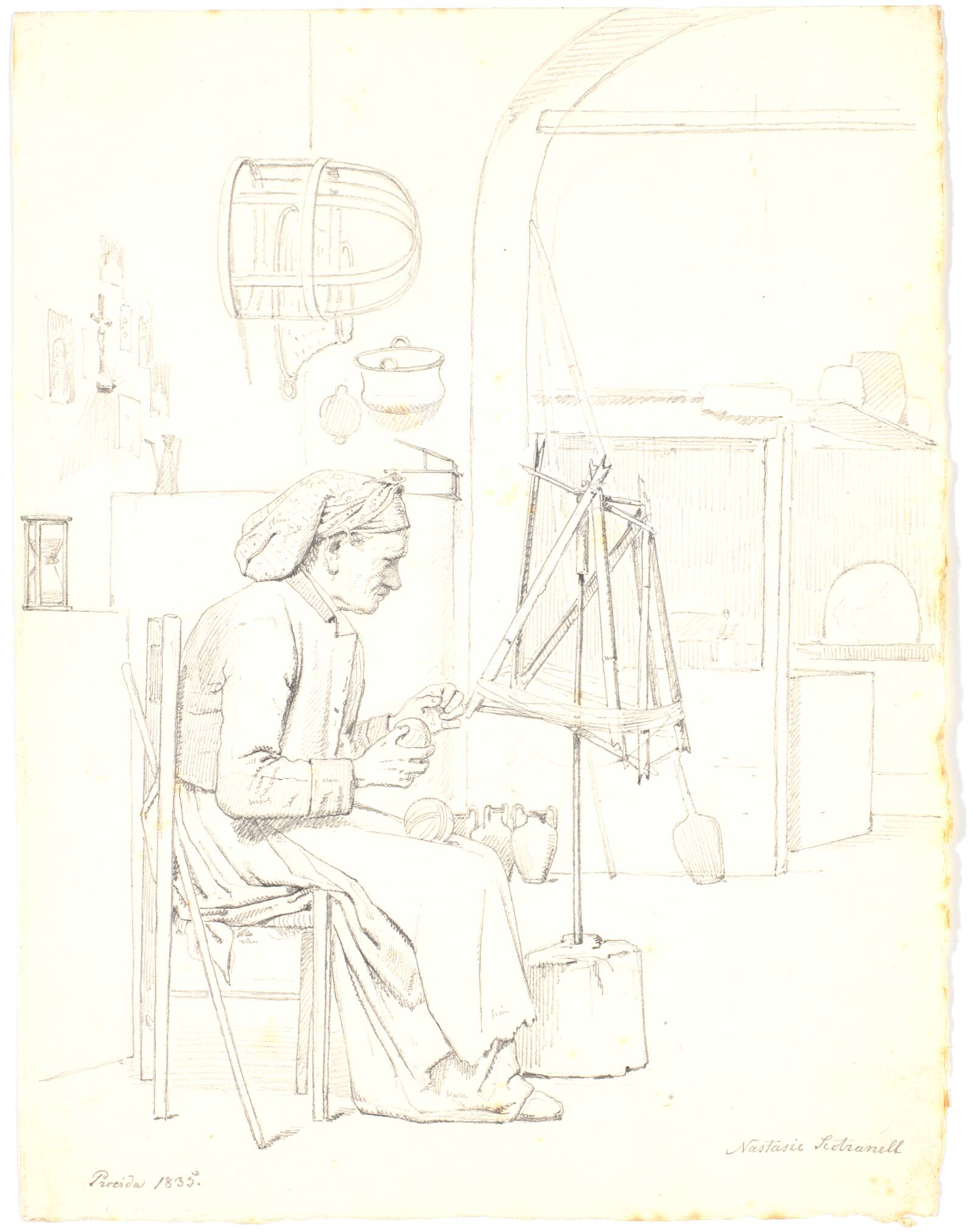 Gammel kone, der vinder garn, Martinus Rørbye, 1835