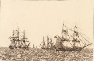 En fregat ligger for anker. Illustration til "Linearperspectiven", Tavle IXb