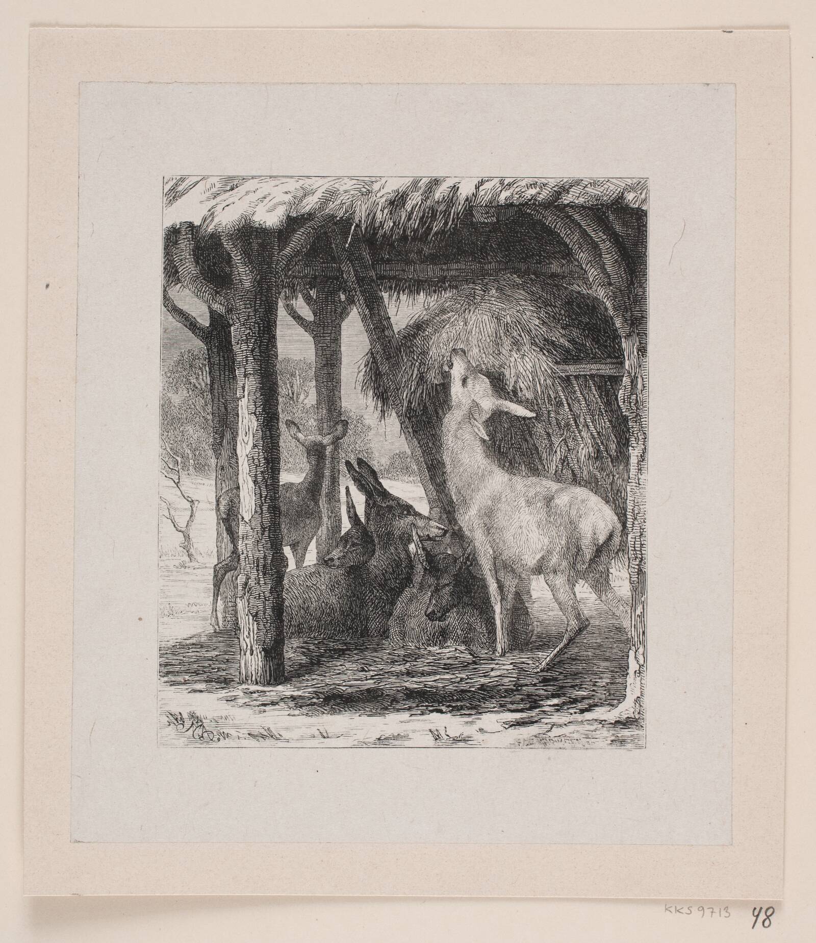 Vildt i et foderhus ved vintertid, Waldemar Bøhme, 1870-1875
