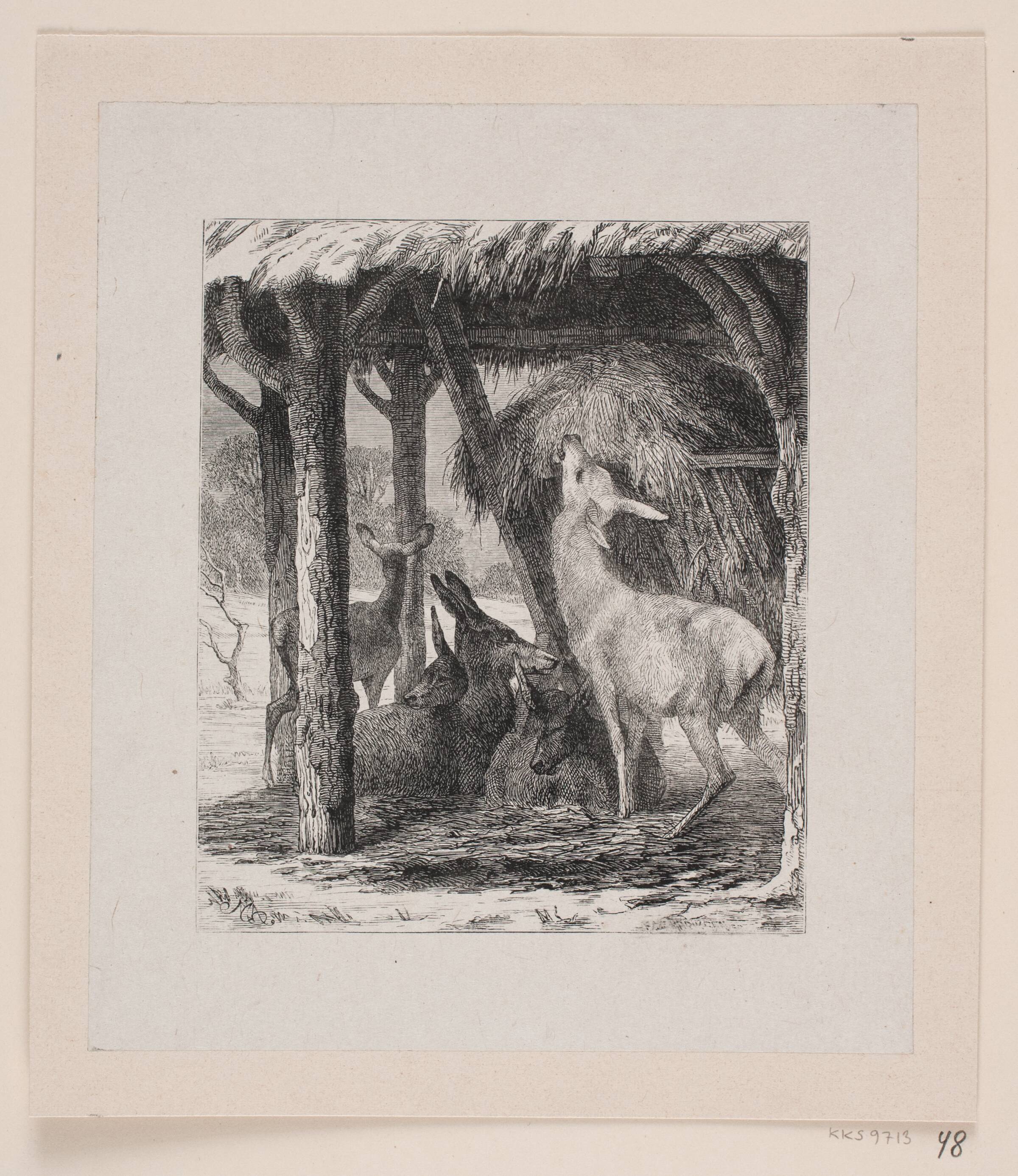 Vildt i et foderhus ved vintertid, Waldemar Bøhme, 1870-1875
