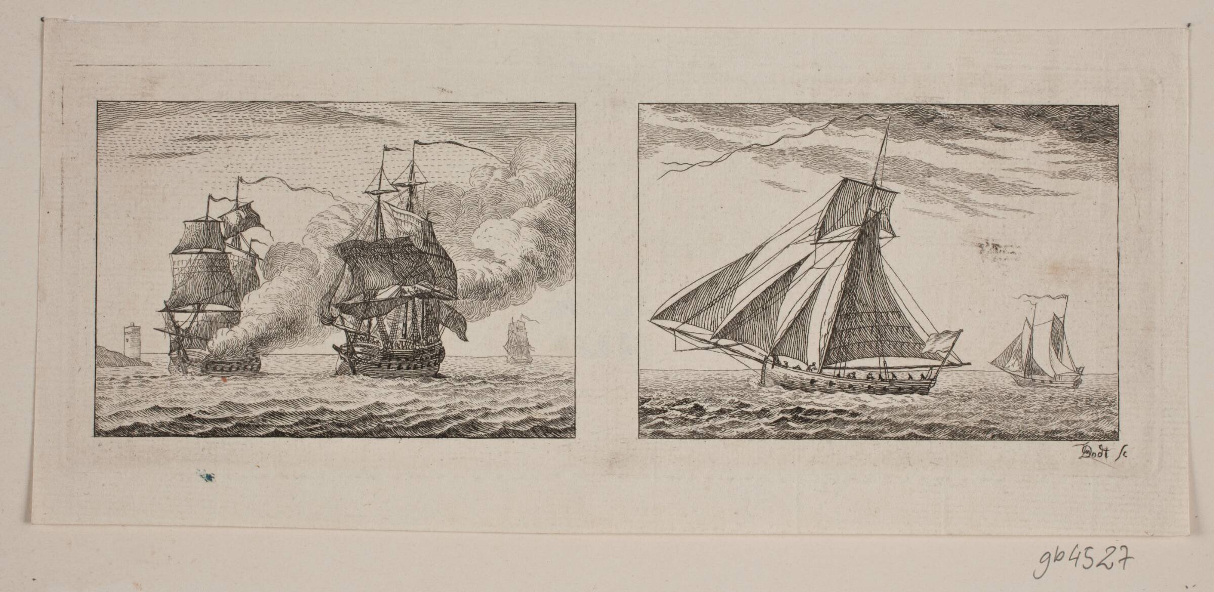 En Fregat; En Orlogskutter, Frans Martin Dodt, 1802