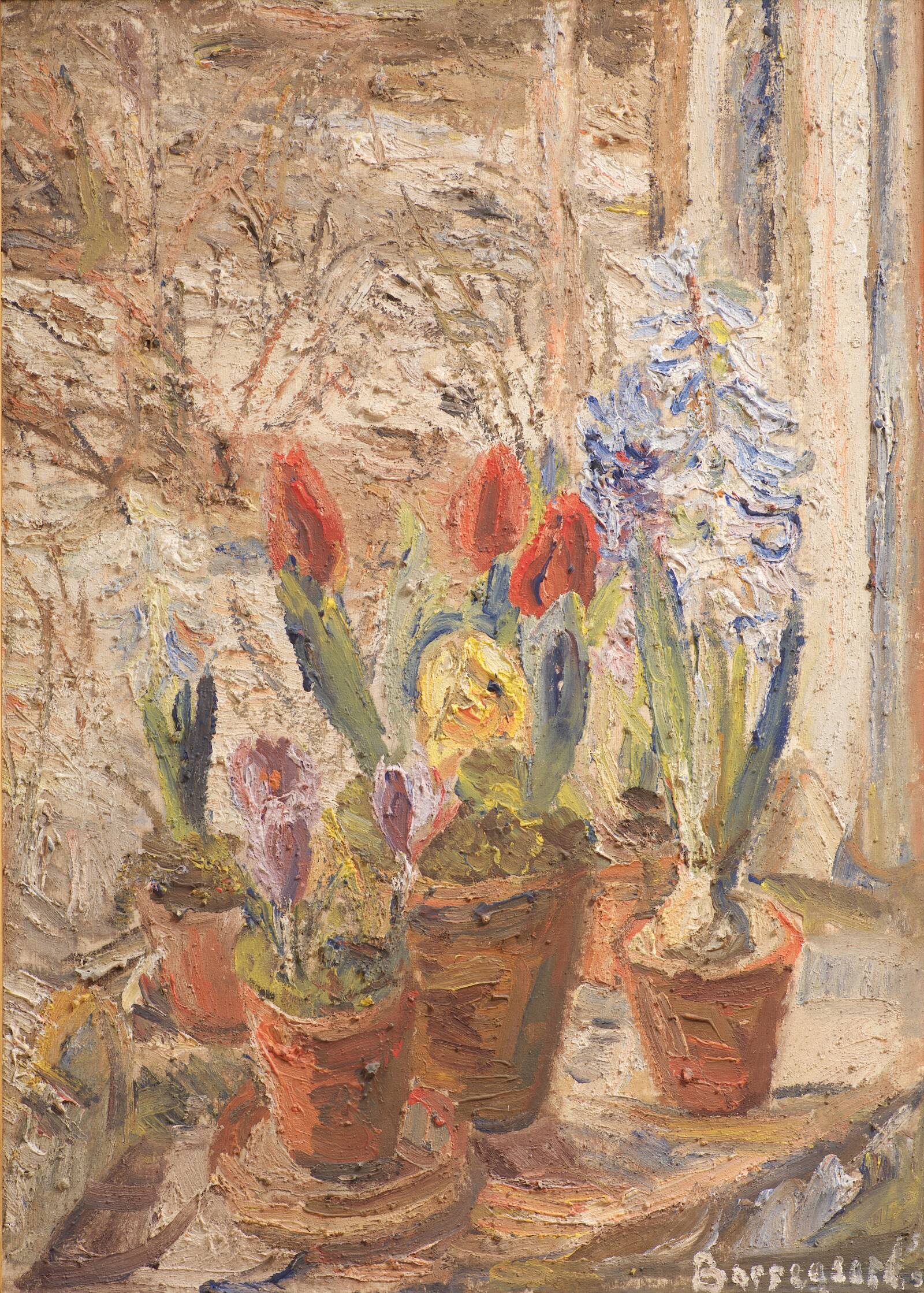 Tulipaner og hyacinter mod sne, Eduard Borregaard, 1951