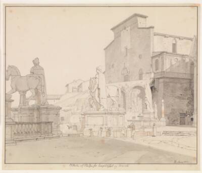 Et parti af Piazza del Campidoglio set mod balustraden med Dioskurerne og kirken S. Maria in Aracoeli