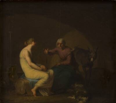 Røverbandens husholderske trøster den unge pige ved at fortælle myten om Amor og Psyche. Motiv fra Apulejus: Det gyldne æsel