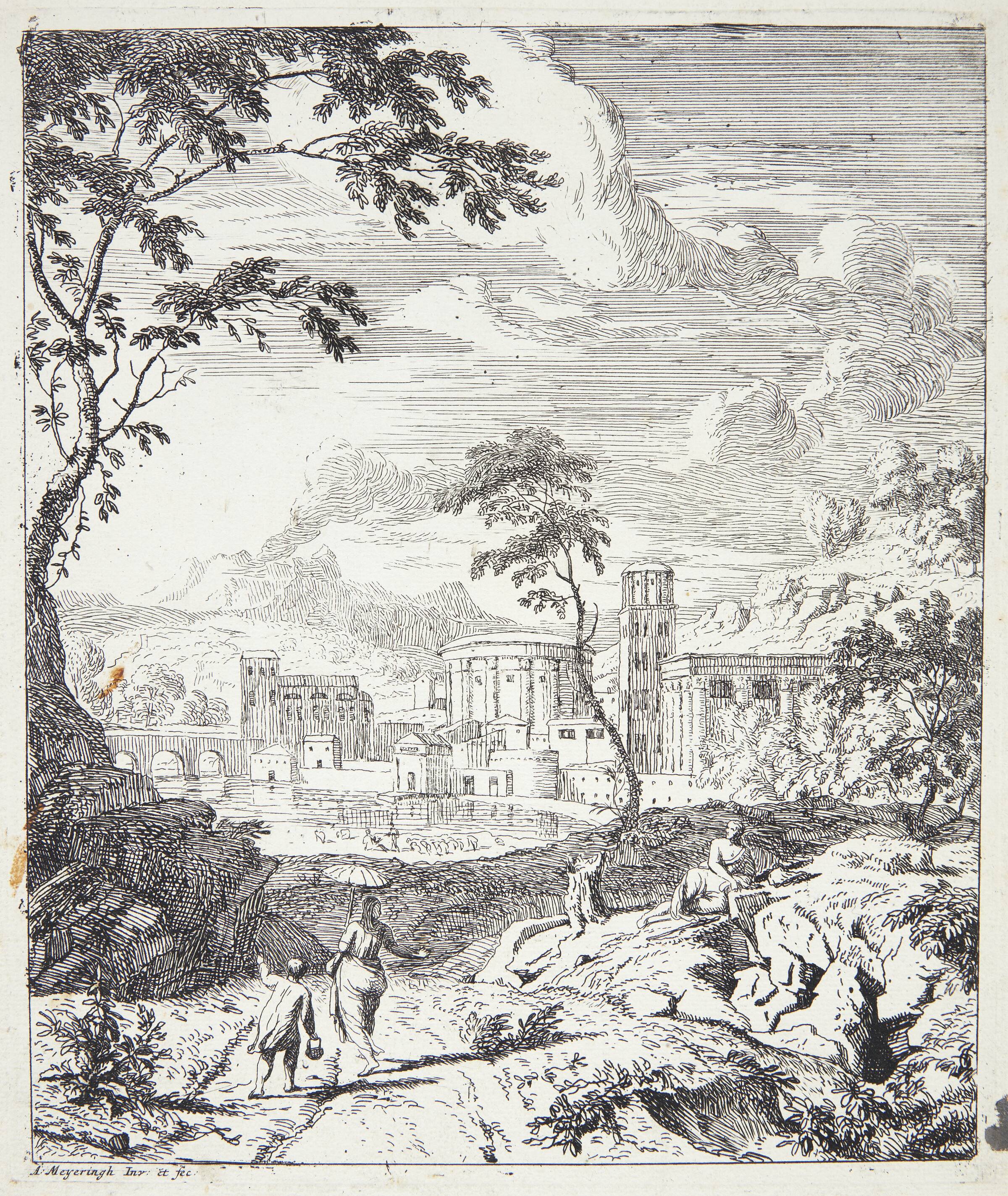 Landskab med en kvinde med en parasol, Albert Meyering, 1645-1714
