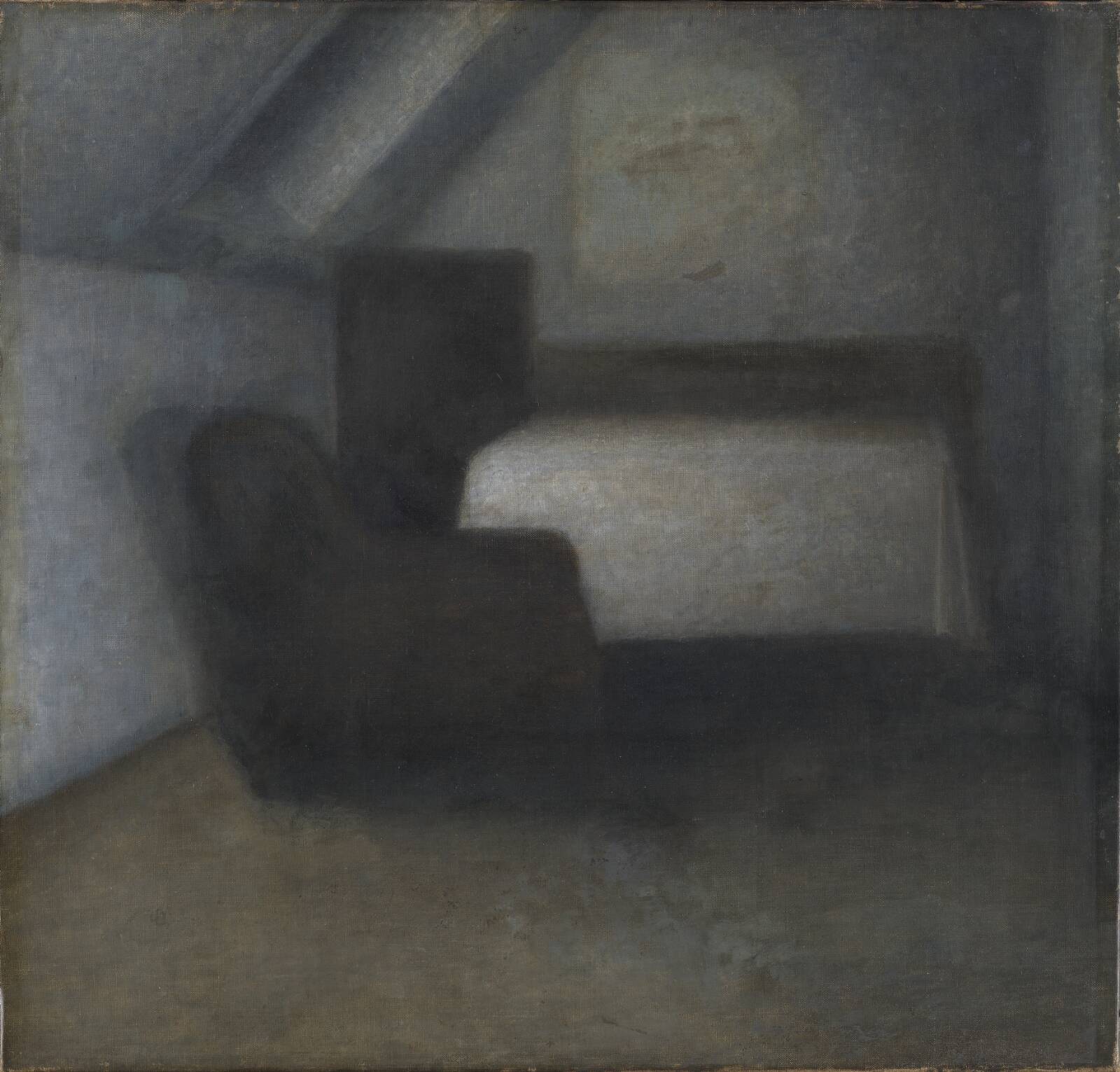 Attic Room with a Table and Chair, by Vilhelm Hammershøi, 1883-1885
