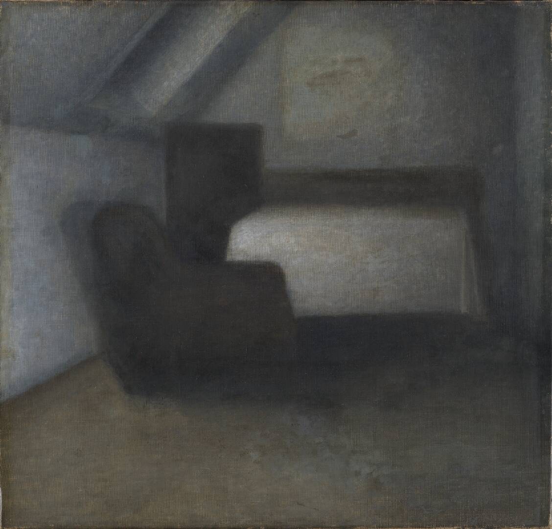 Attic Room with a Table and Chair, by Vilhelm Hammershøi, 1883-1885