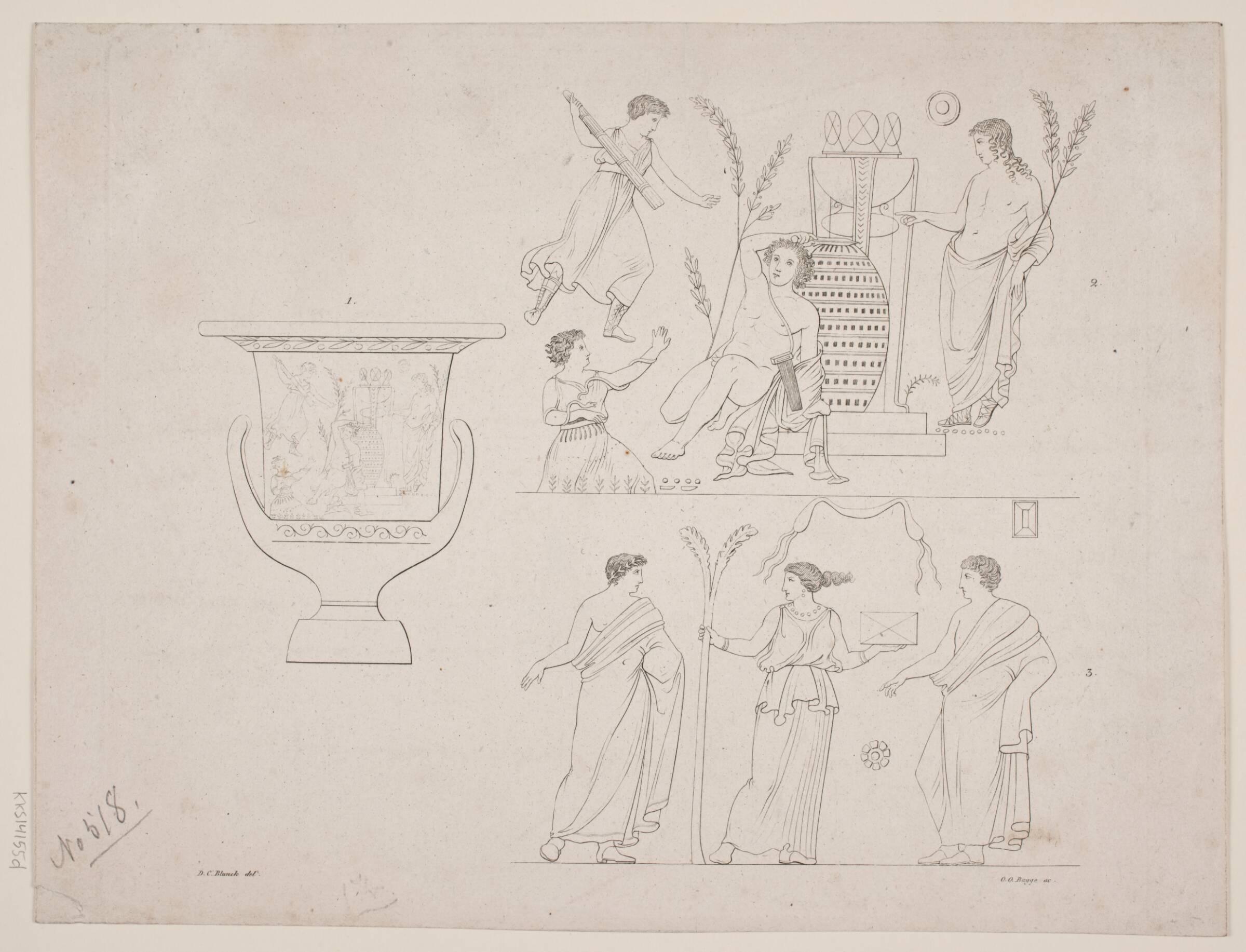 Illustrationstavle med antik vase og figurer, Oluf Olufsen Bagge, 1780-1836