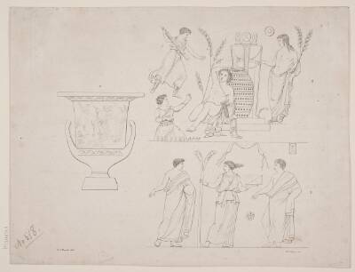 Illustrationstavle med antik vase og figurer