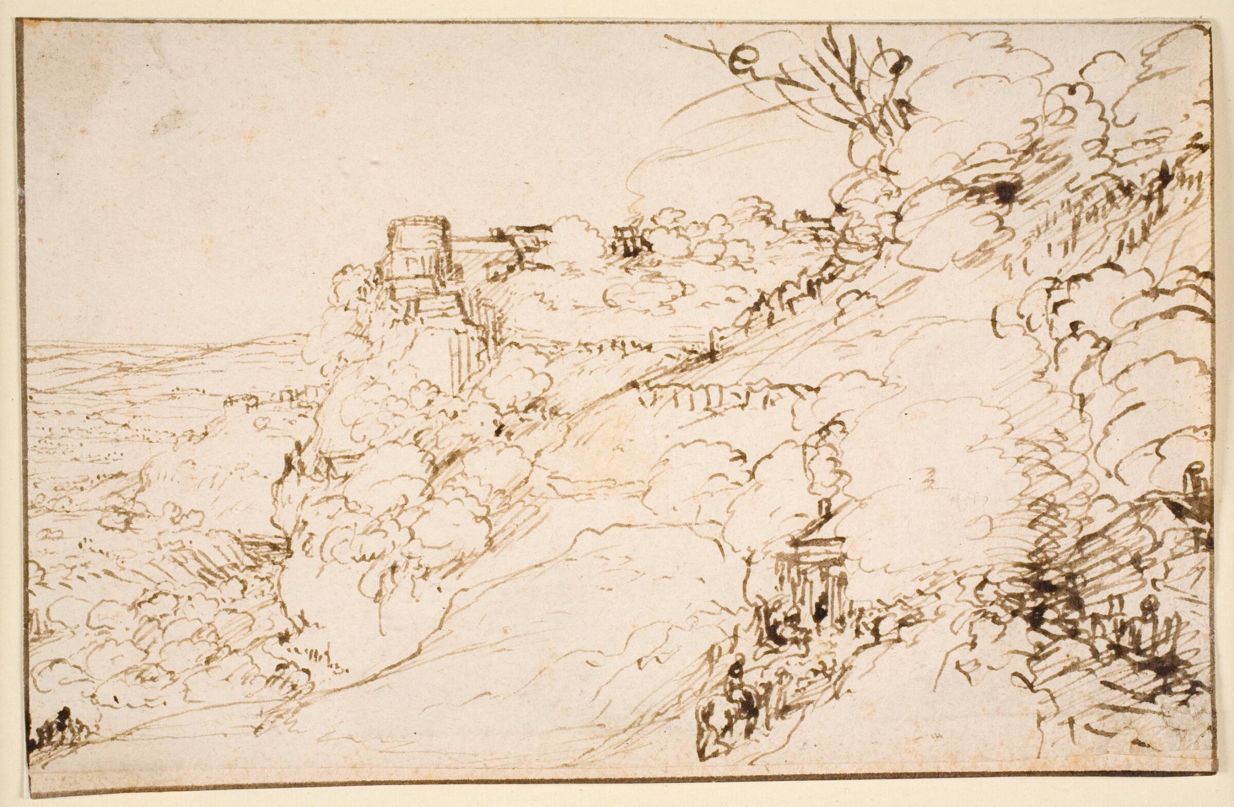 Landskab med borglignende bygning på bjergfremspring, Hendrick Goudt, 1585-1630