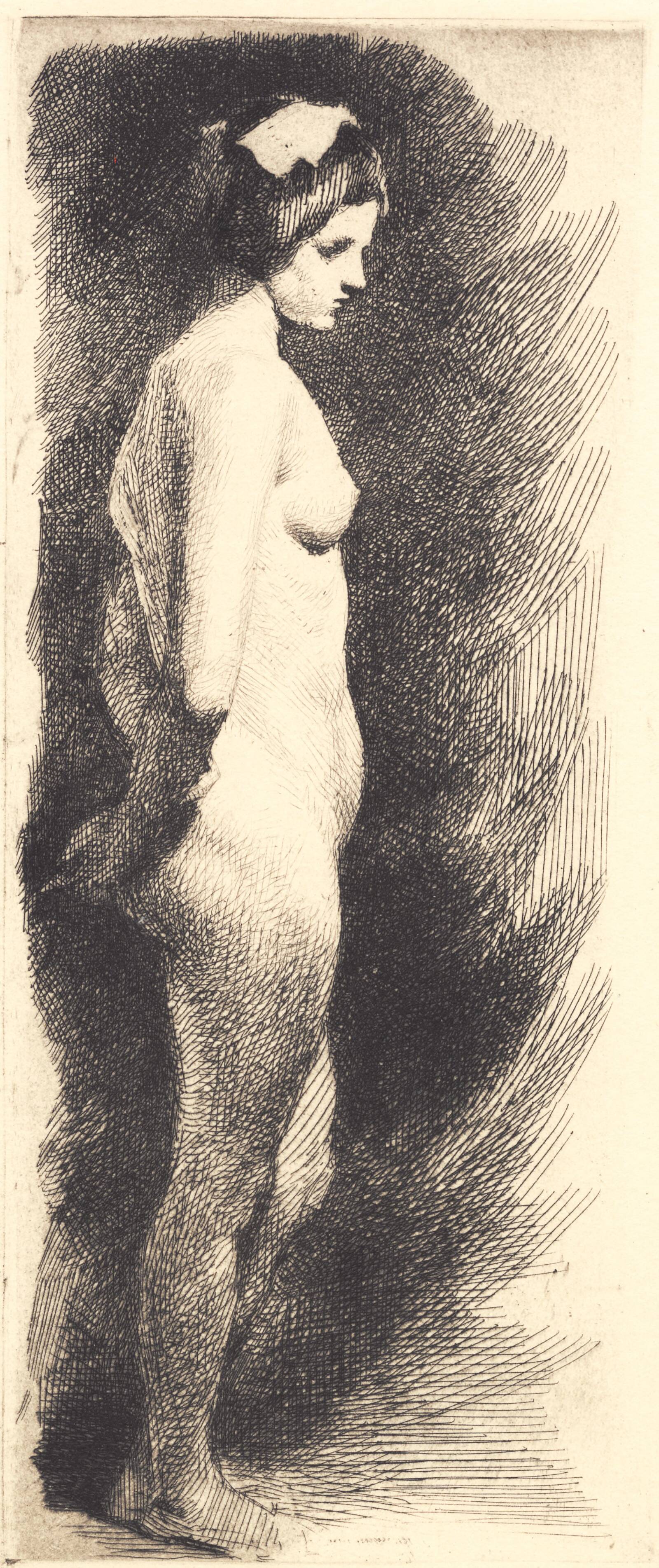 Stående nøgen kvindelig model i profil til højre, Frans Schwartz, 1865-1917