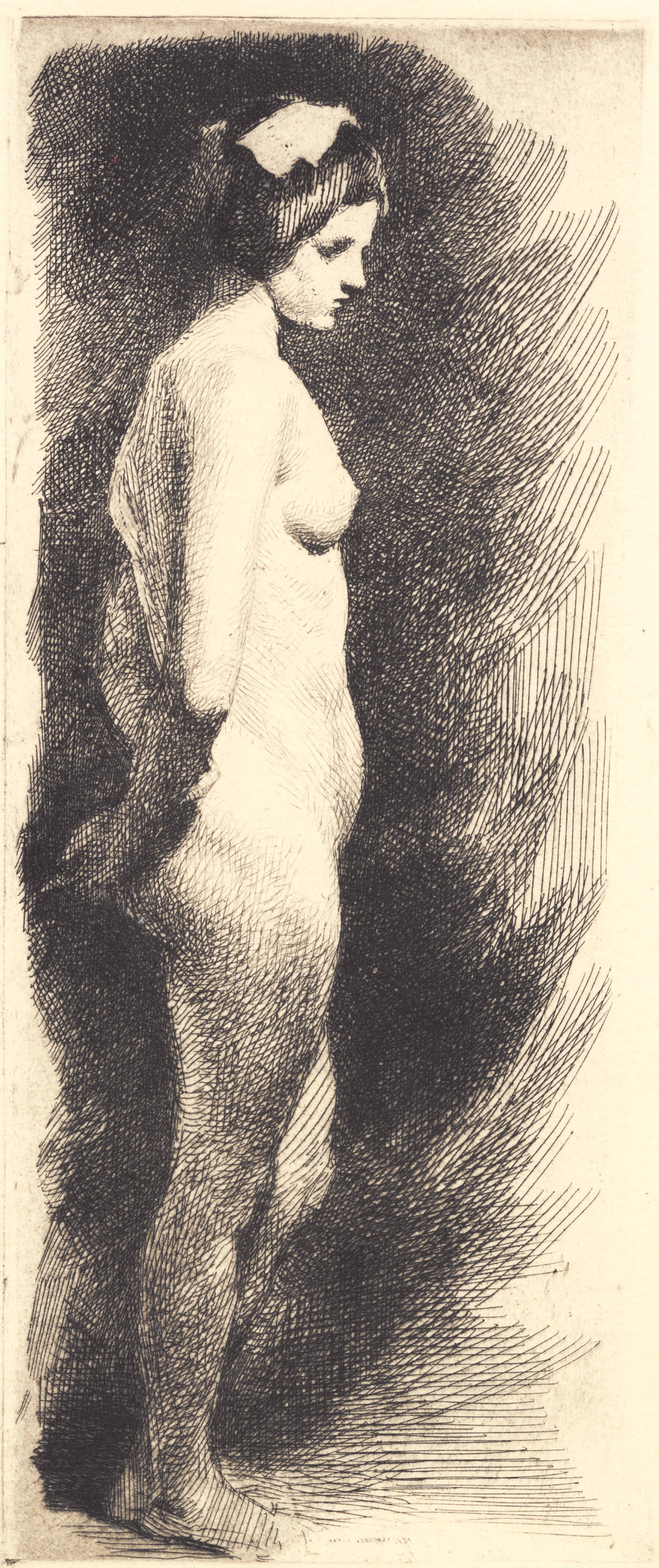 Stående nøgen kvindelig model i profil til højre, Frans Schwartz, 1865-1917