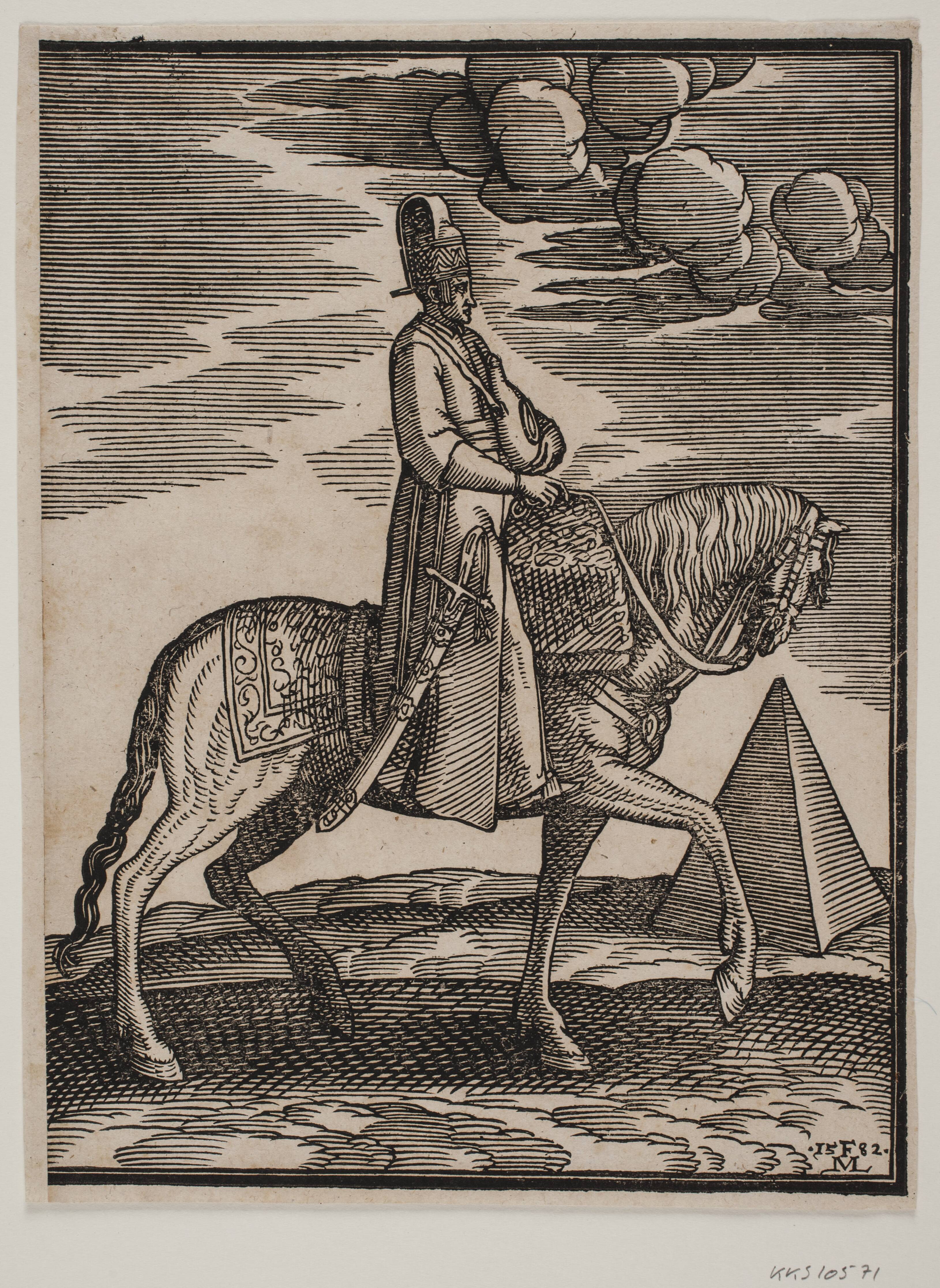 Rider with a flask around his neck, profile towards the right; a sword at his right side and baggage in front of him, draped across the saddle; to the right, in the background, a pyramid
