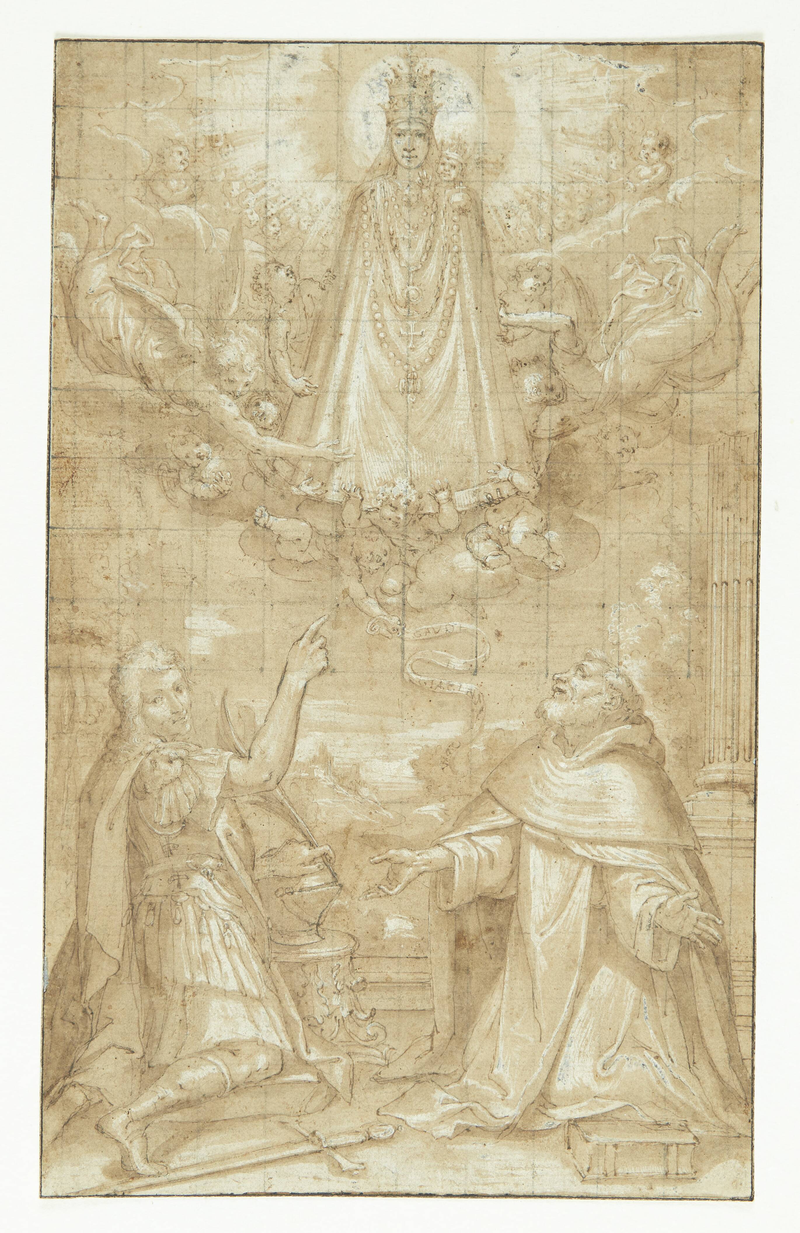 En kronet Madonna med barnet, omhængt med en kappe og tunge kæder, åbenbarer sig i skyerne, omgivet af engle og keruber, for to knælende helgener; den ene en soldat, der er martyr, den anden en gejstlig (Hyacintus?). En engel rækker et bælte eller et skriftbånd ned til dem, hvorpå der står: GAUDE TI GIACINTE VINX (?)