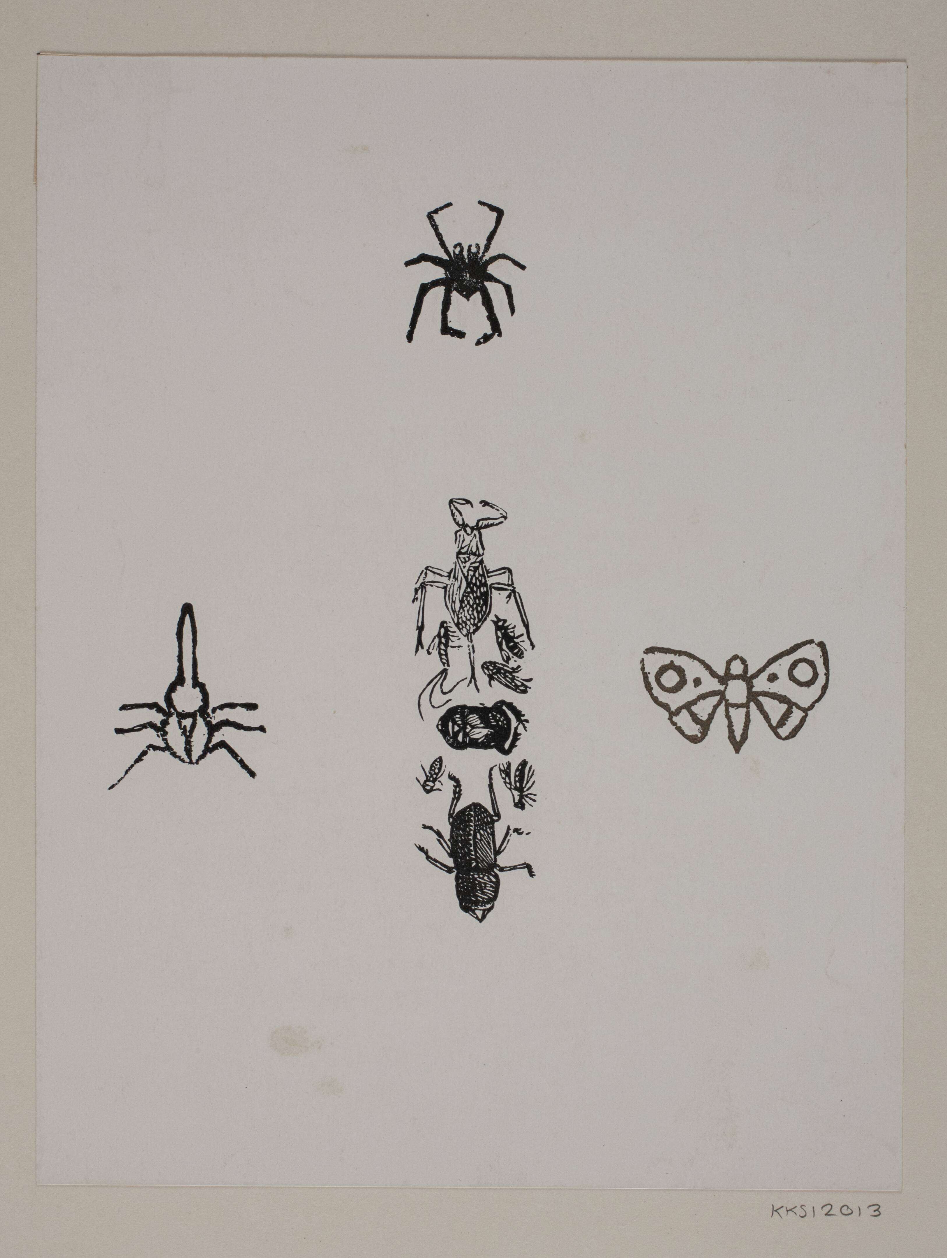 Blad med sommerfugl, tæge, skarnbasse og andre insekter