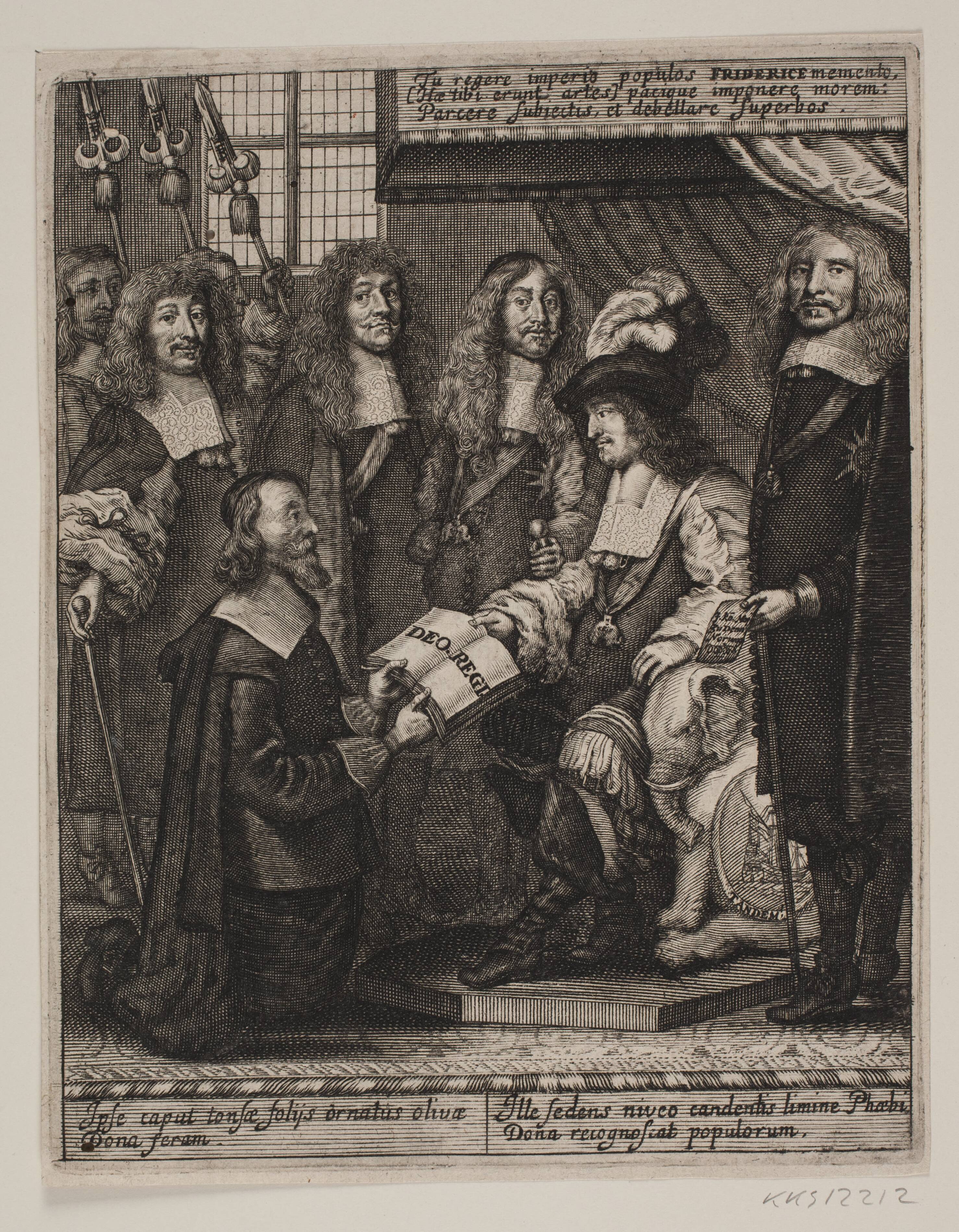 Simon Paulli overrækker Frederik III en bog. Illustration til Simon Paulli, "Quadripartitum Botanicum", 1667