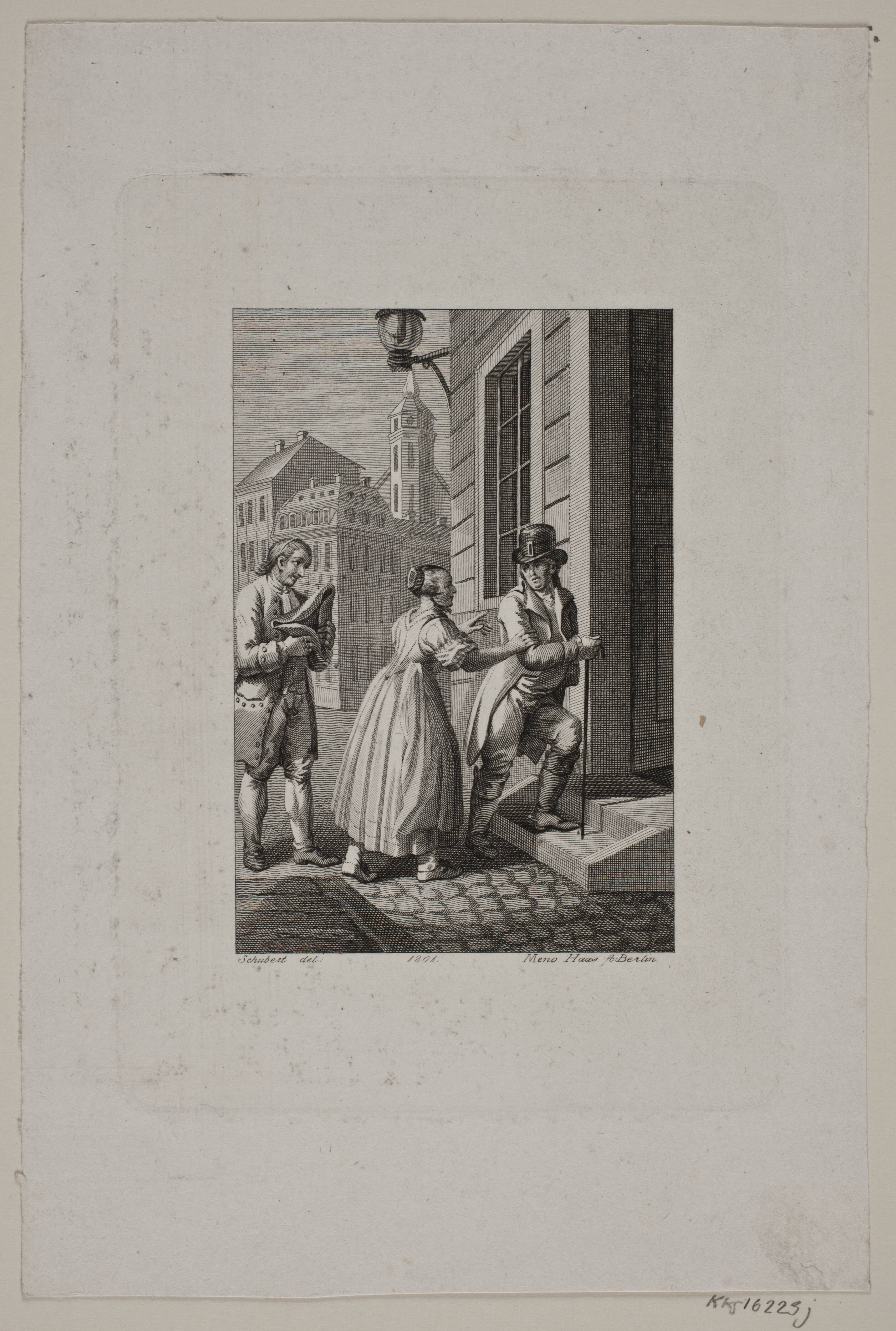 Illustration med kone der standser en herre ved en port mens en tjener ser til