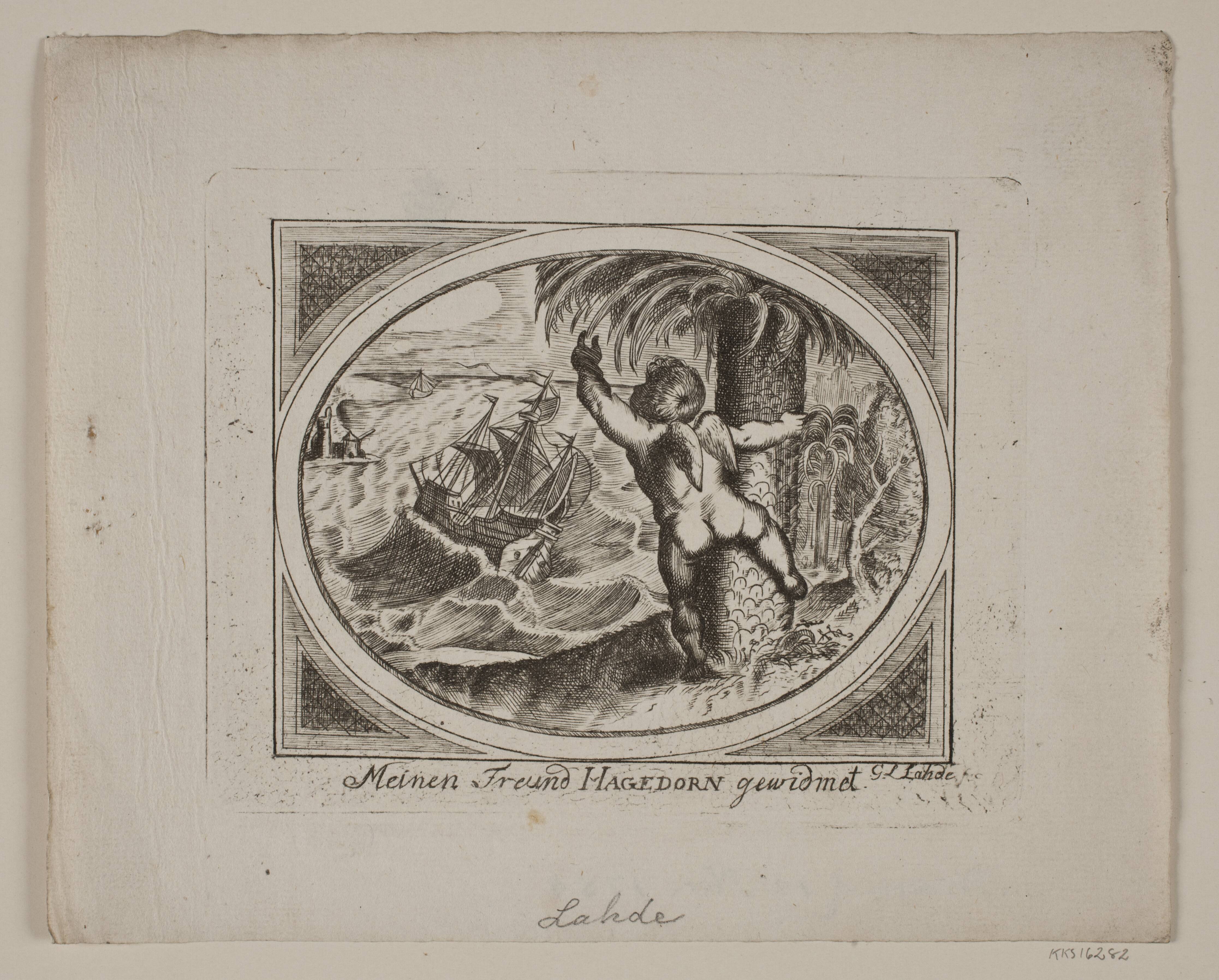 Amor ved et Palmetræ, pegende udover et oprørt hav.