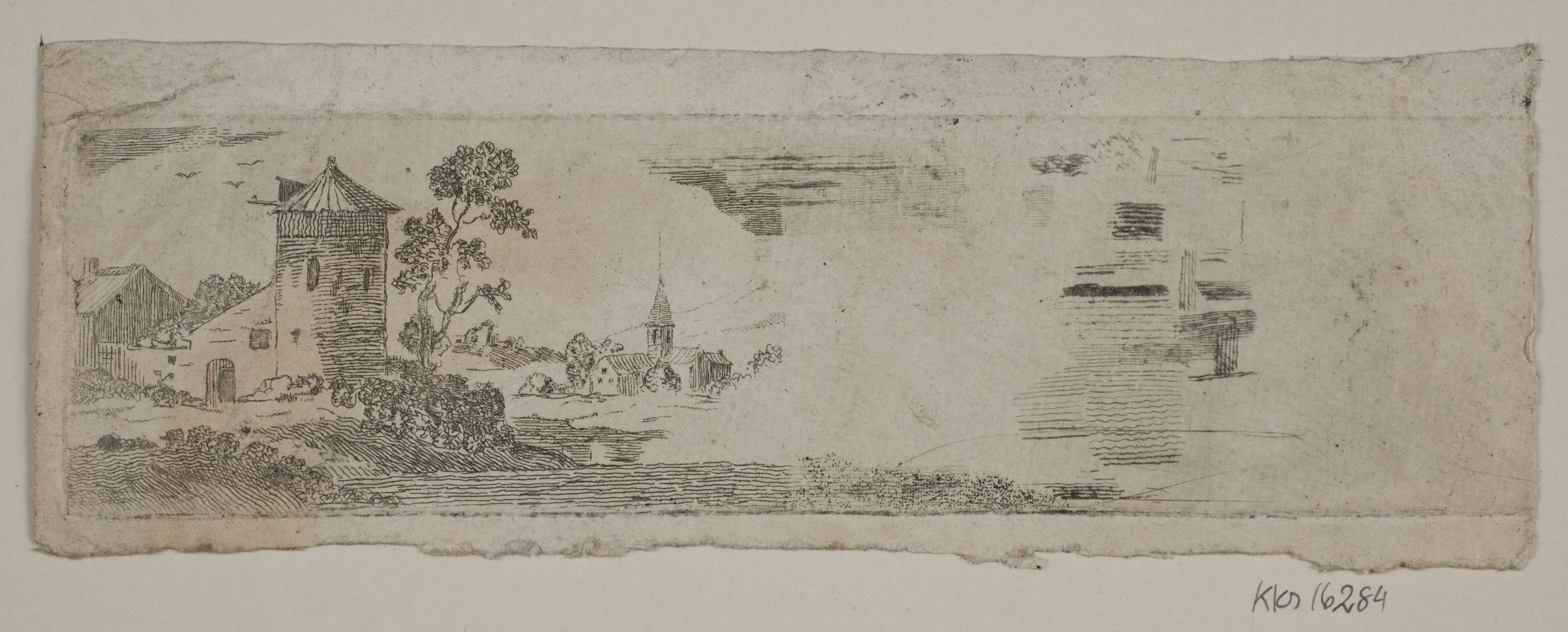 Prøveblad af landskab med borg og kirke