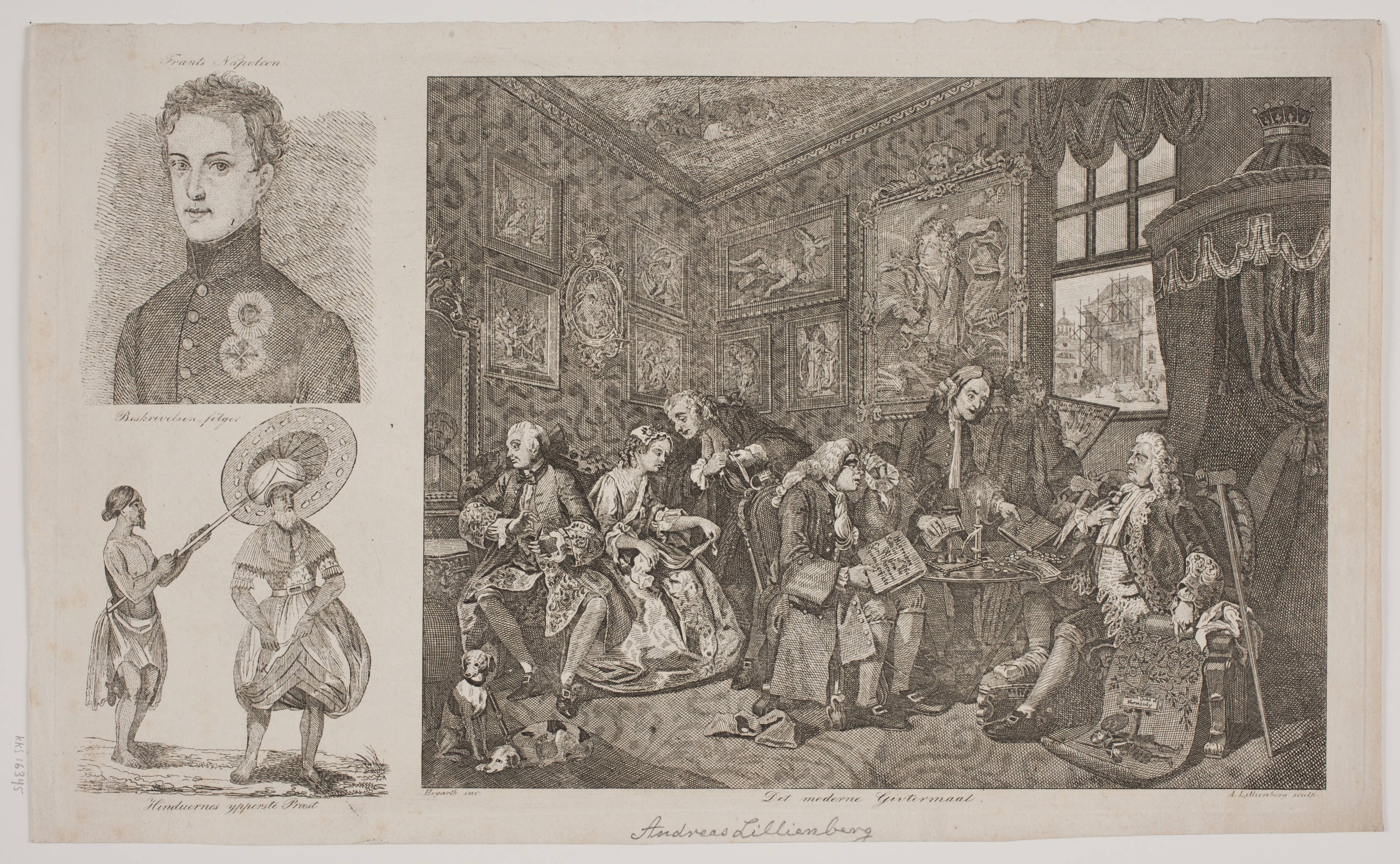 Blad med tre fremstillinger: "Det moderne Givtermaal" efter Hogarth, Portræt af Frants Napoleon og "Hinduernes ypperste præst"