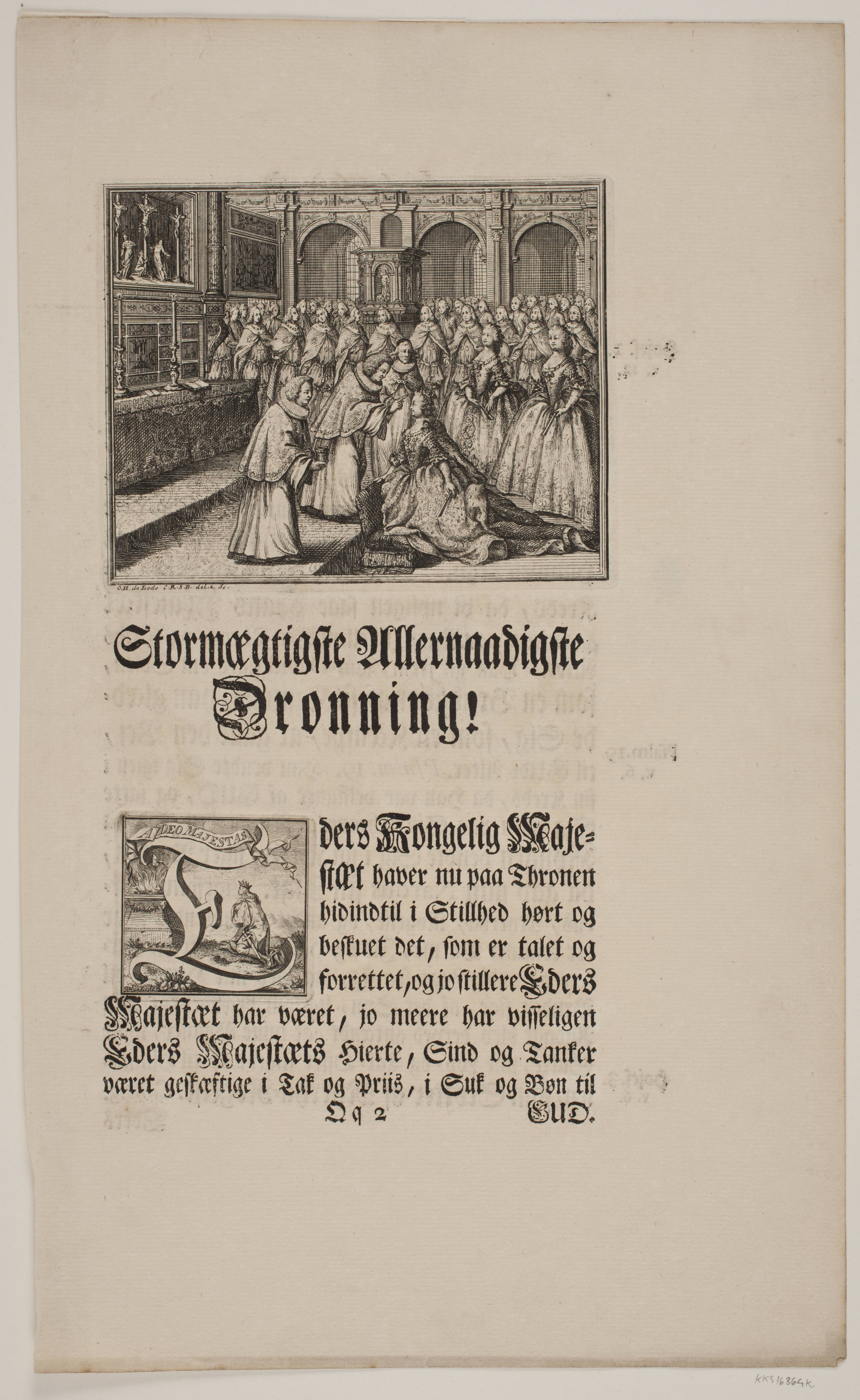 Biskop Hersleb salver Dronning Louise i Frederiksborg Slotskirke. Illustration og initial til Frederik d. IV's salvingsakt