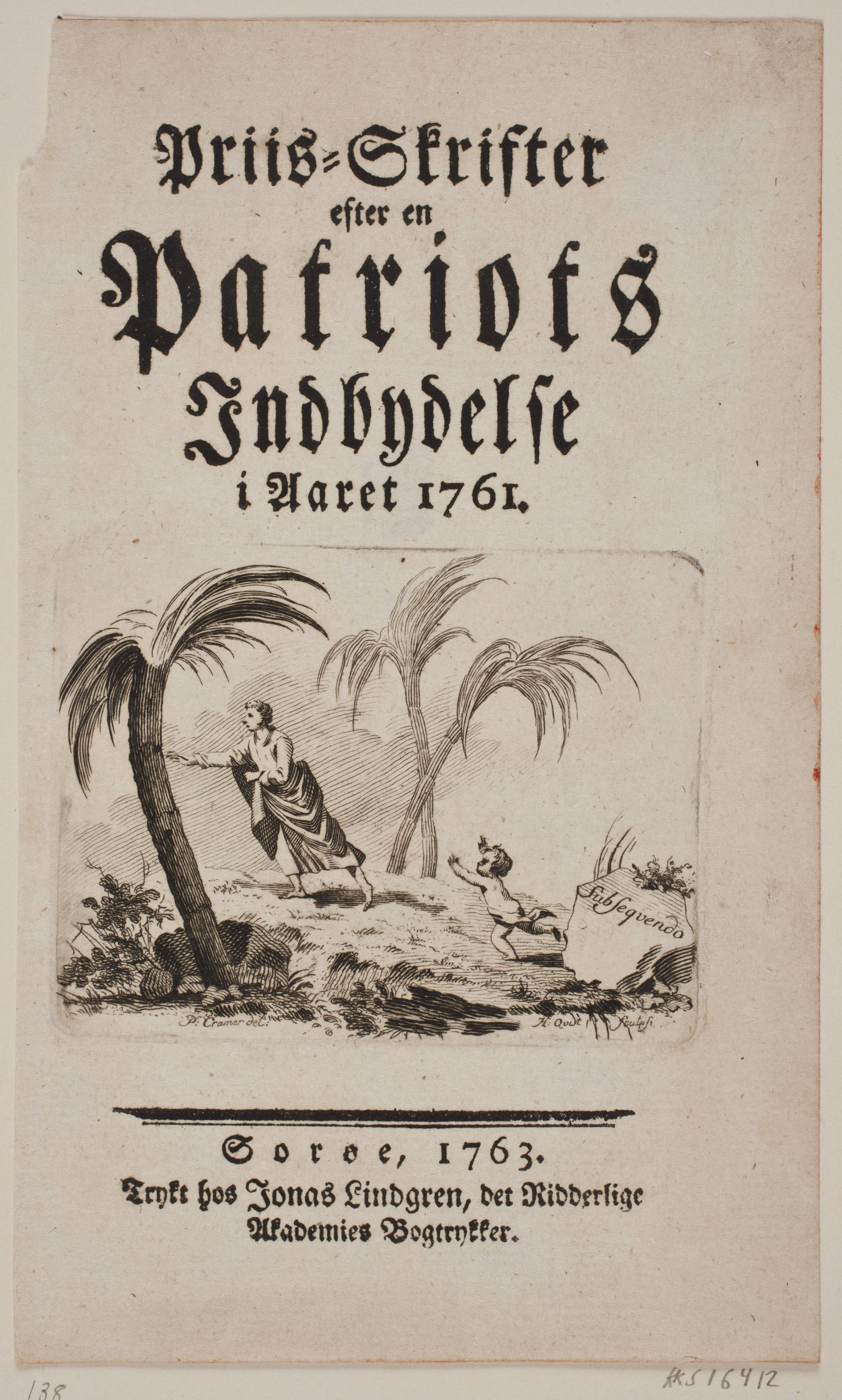 Titelblad med vignet til "Priis-Skrifter efter en Patriots Indbydelse i Aaret 1761"