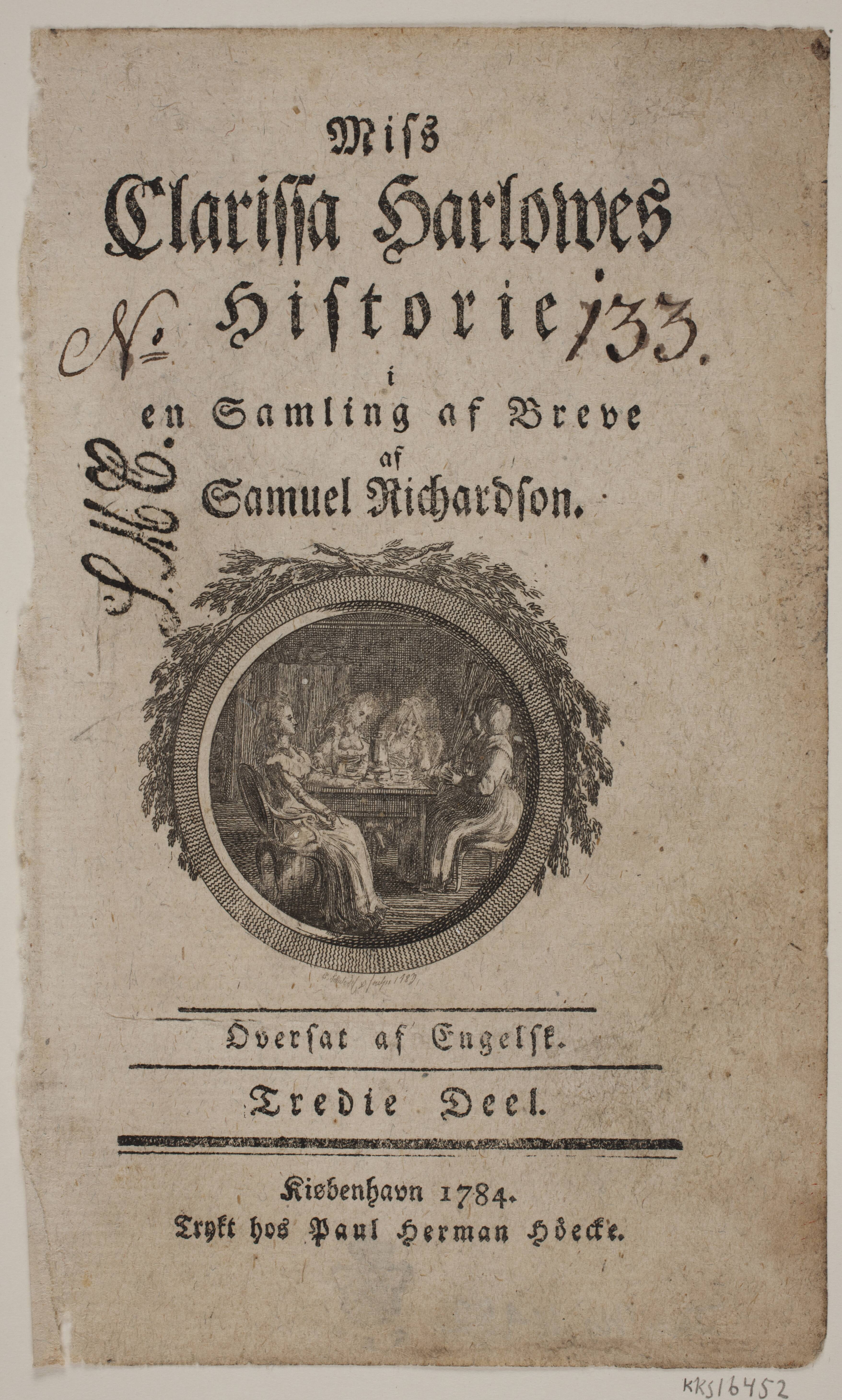 Titelblad med vignet til S. Richardson: "Miss Clarissa Harlowes Historie", tredje del