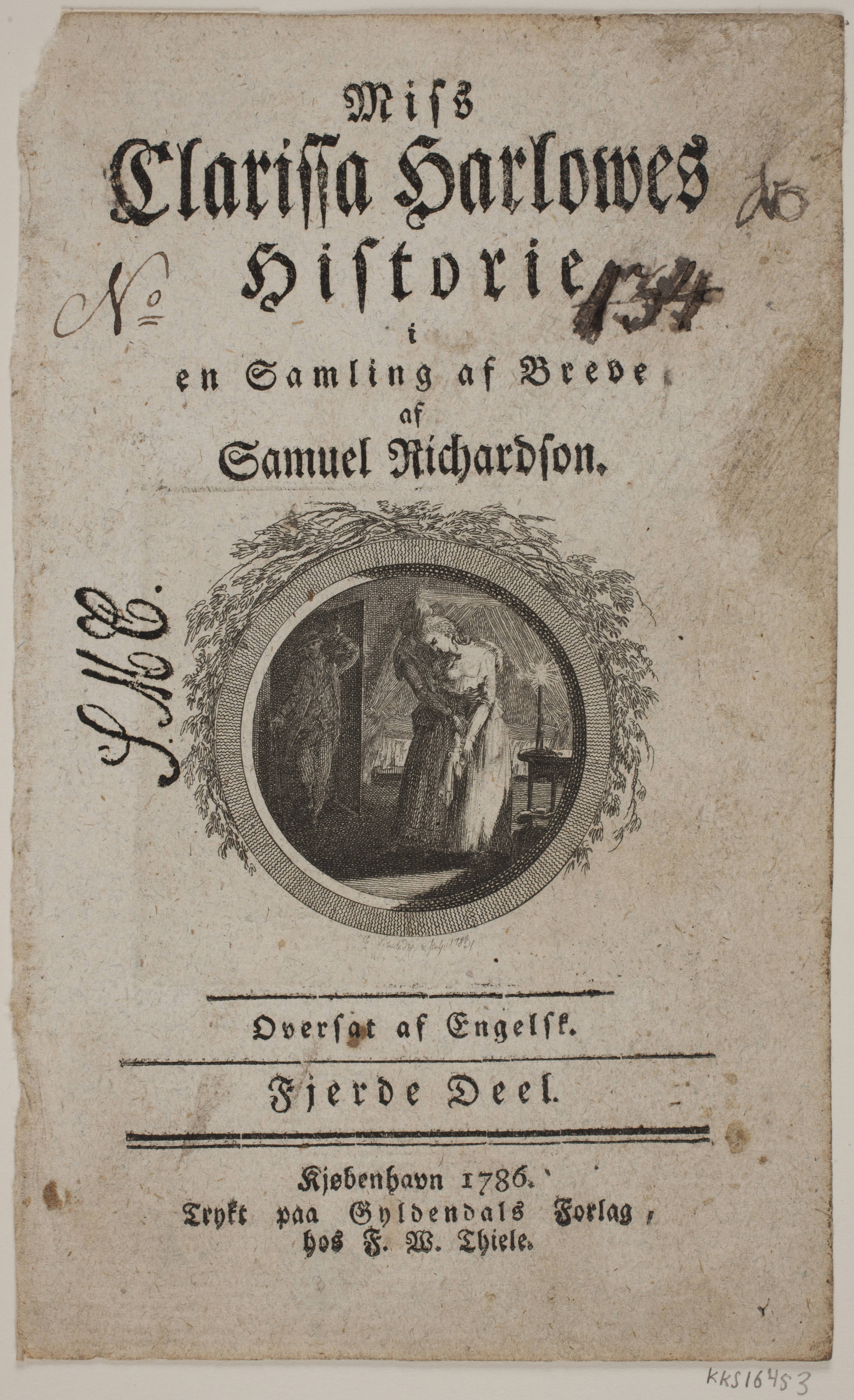 Titelblad med vignet til S. Richardson: "Miss Clarissa Harlowes Historie", fjerde del