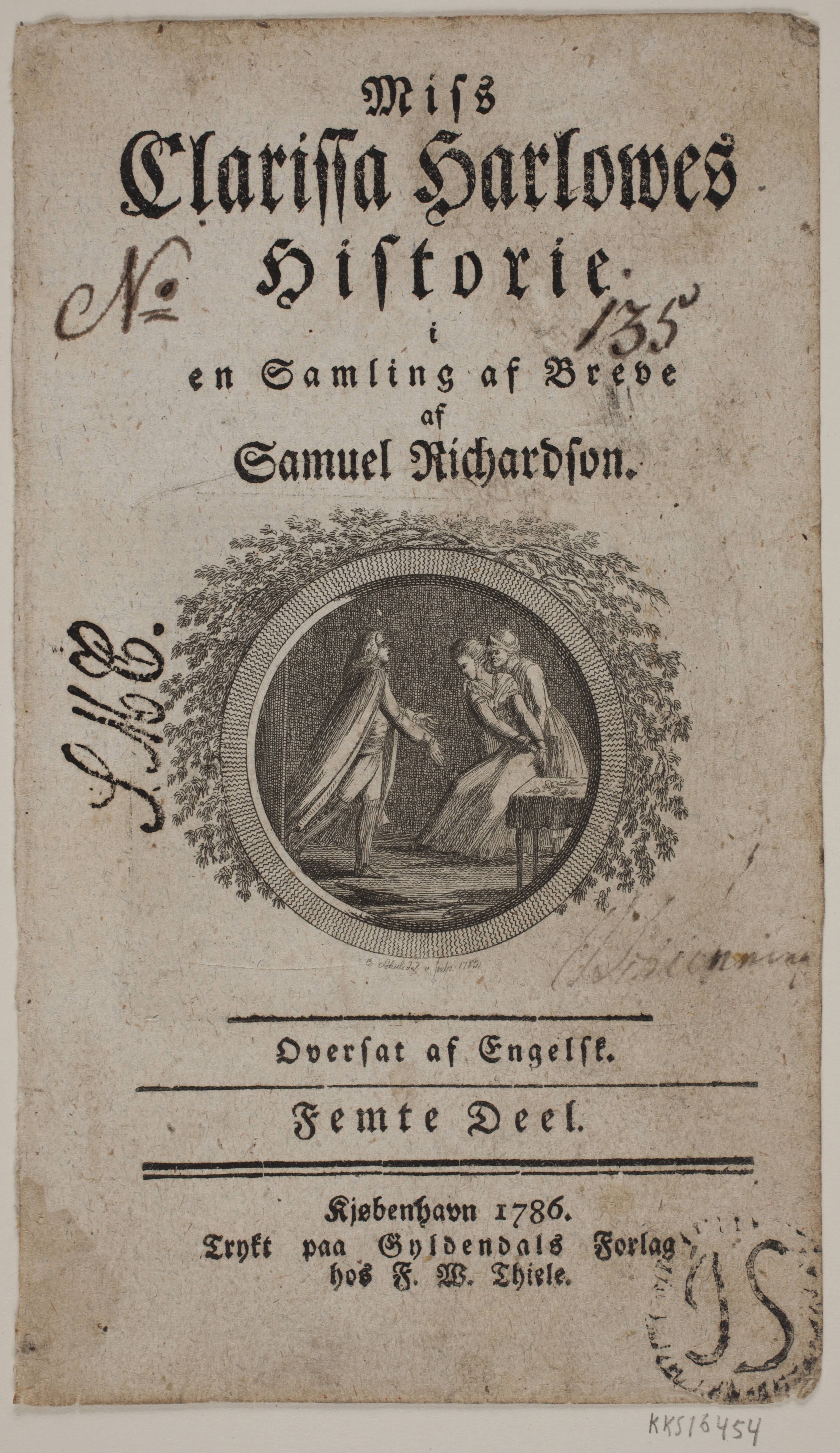 Titelblad med vignet til S. Richardson: "Miss Clarissa Harlowes Historie", femte del