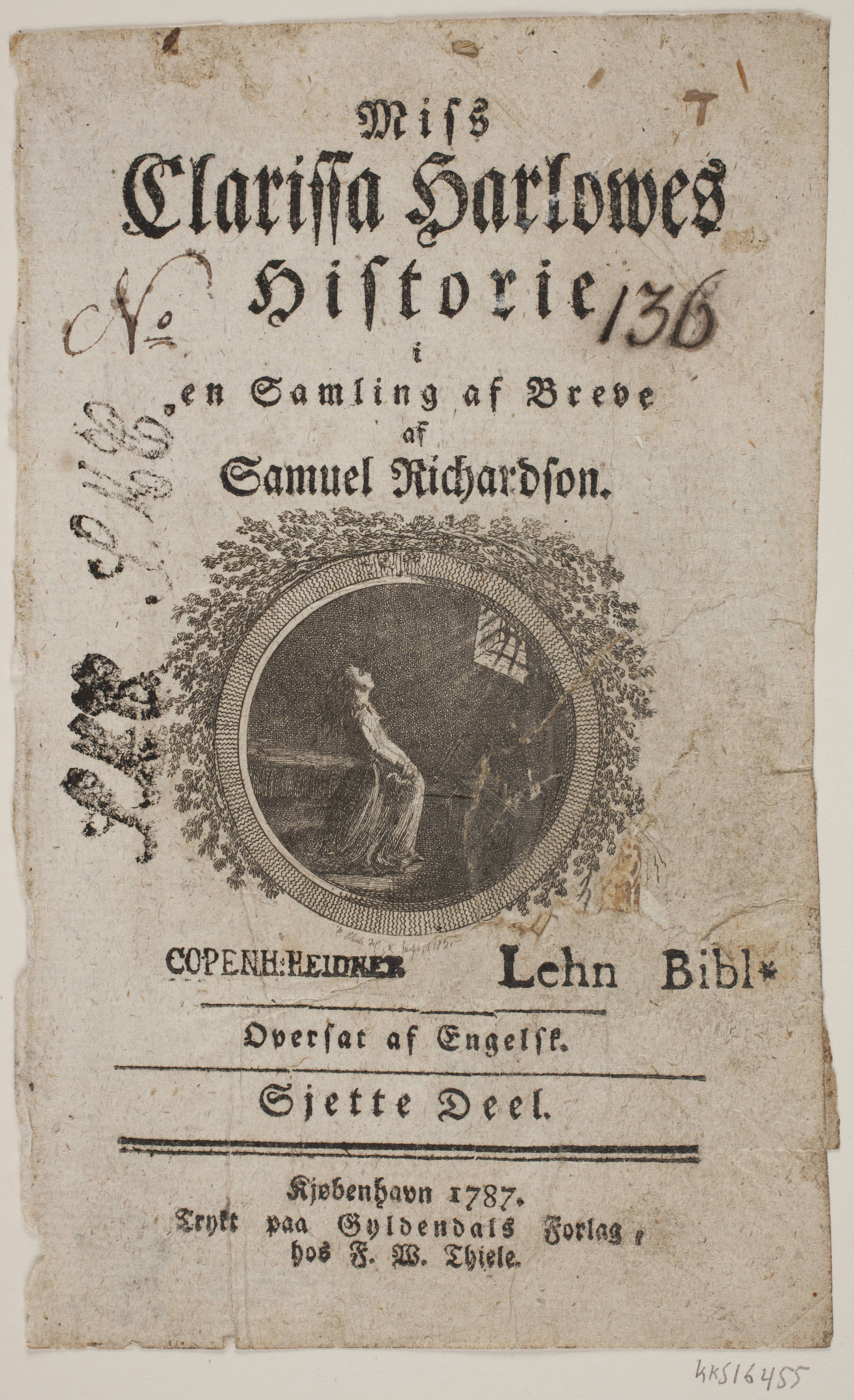 Titelblad med vignet til S. Richardson: "Miss Clarissa Harlowes Historie", sjette del