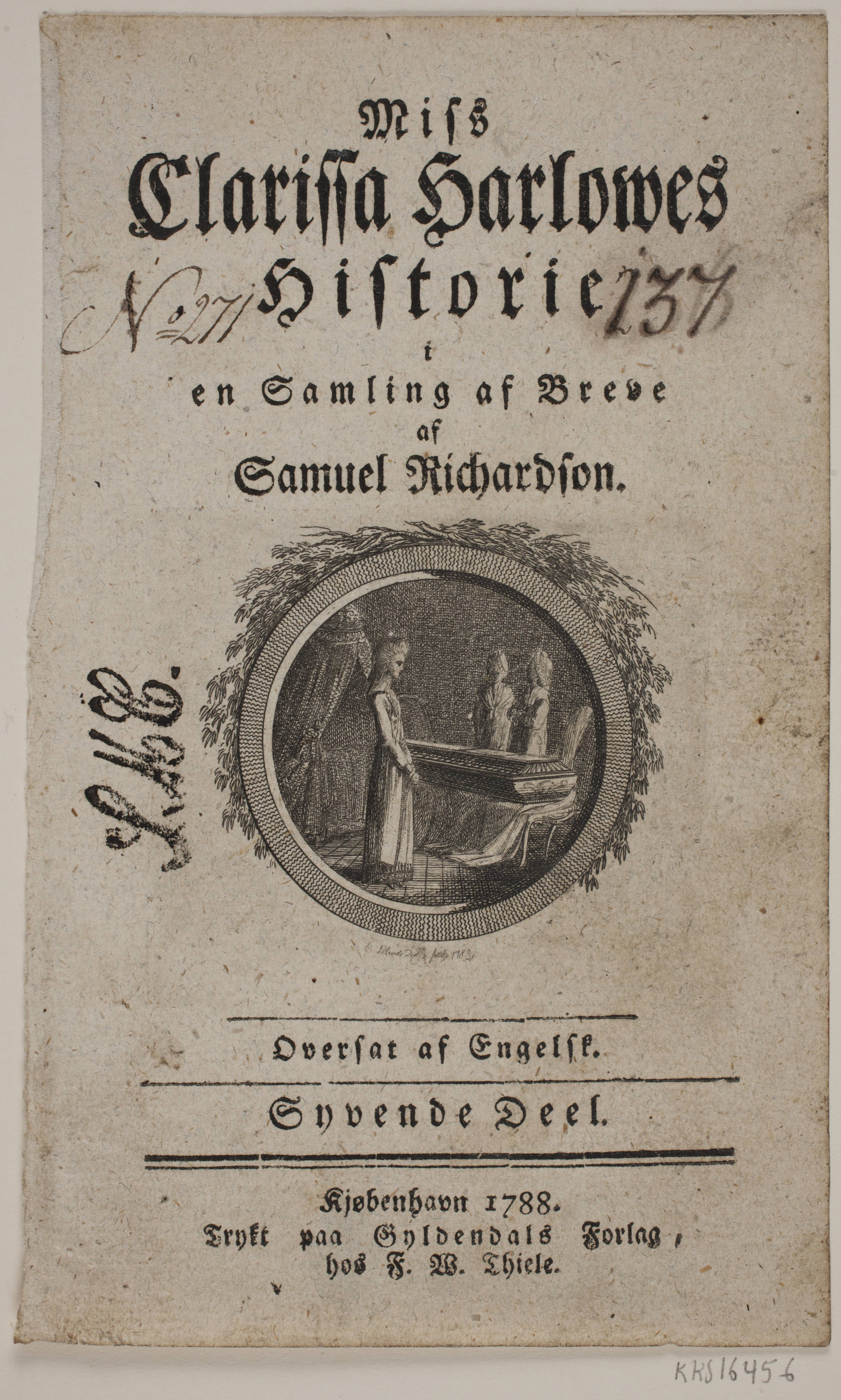 Titelblad med vignet til S. Richardson: "Miss Clarissa Harlowes Historie", syvende del