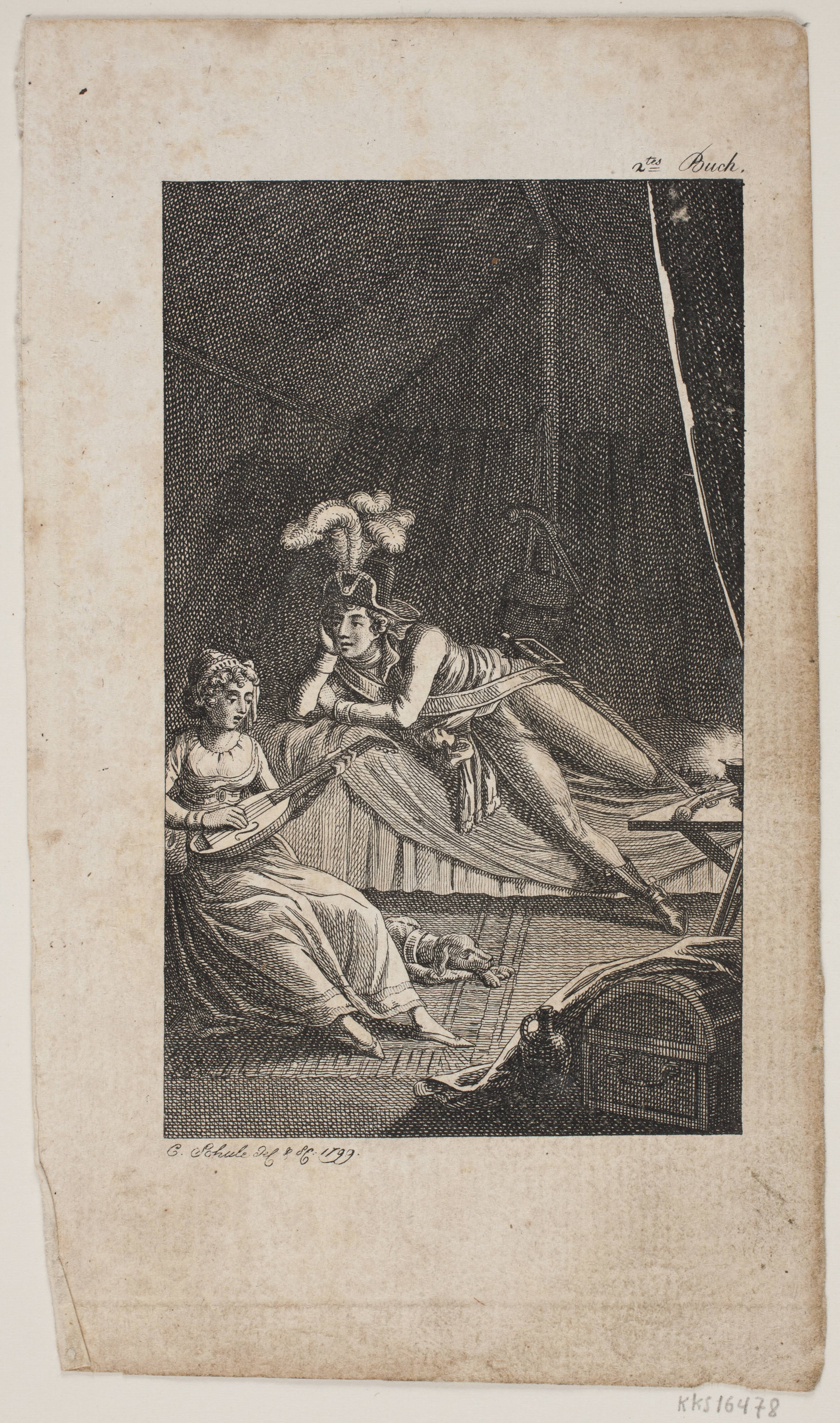 Illustration med en dame der spiller lut for en herre i et telt