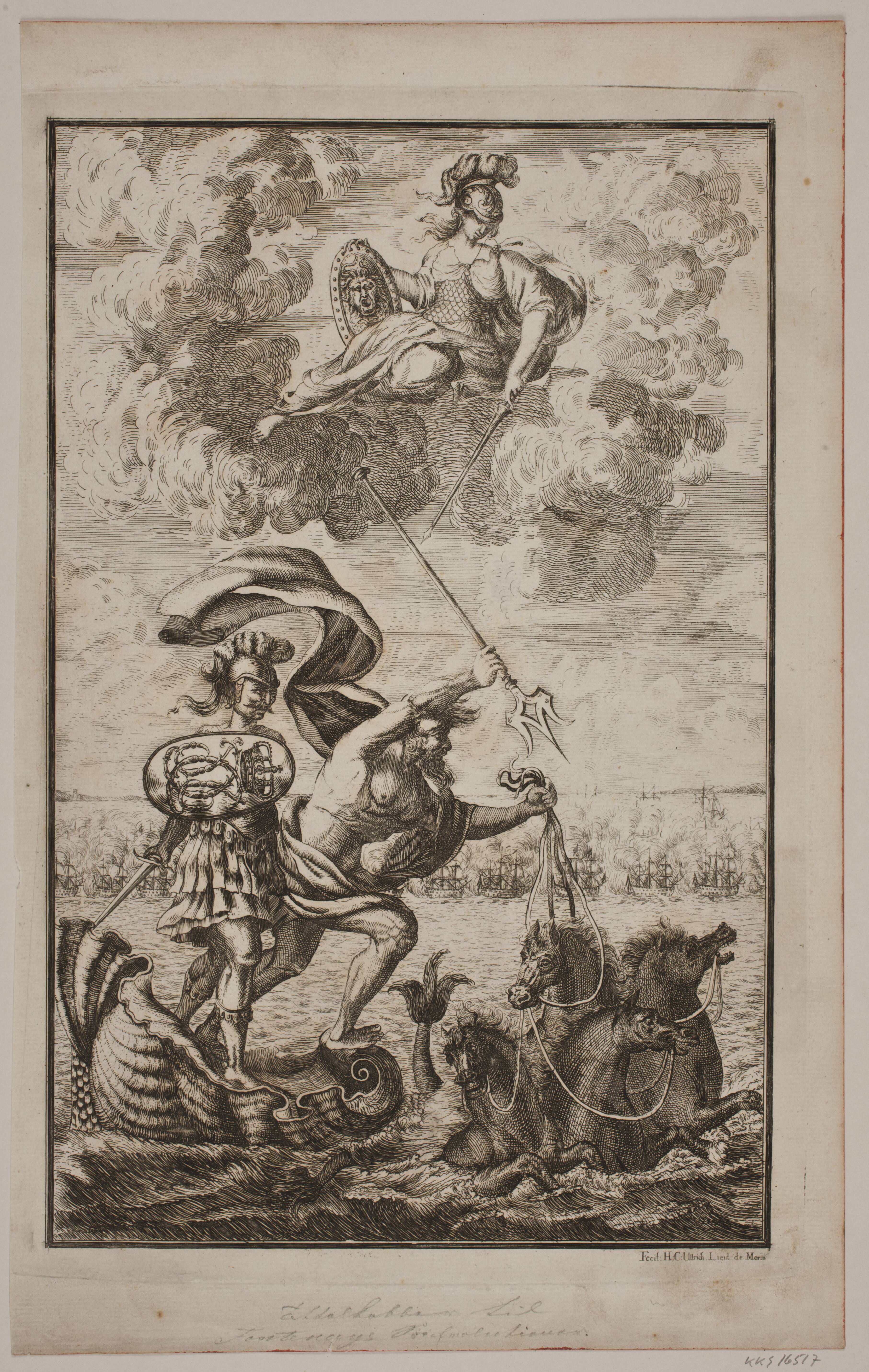 Neptun farende over havet. Titelblad til Fontenay, "Söe-Evolution"; København 1743