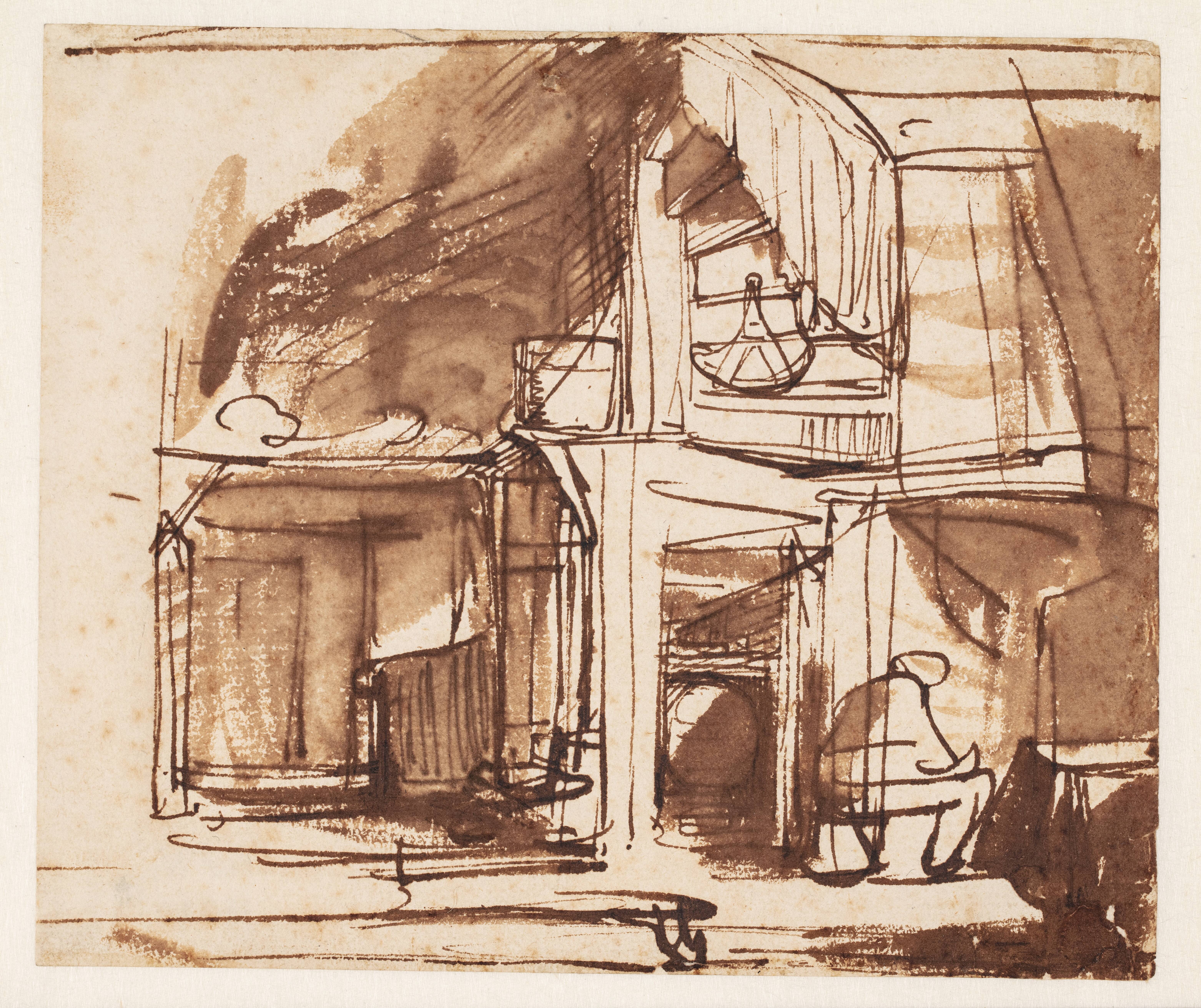 Interior with a Winding Stair and a Sitting Man