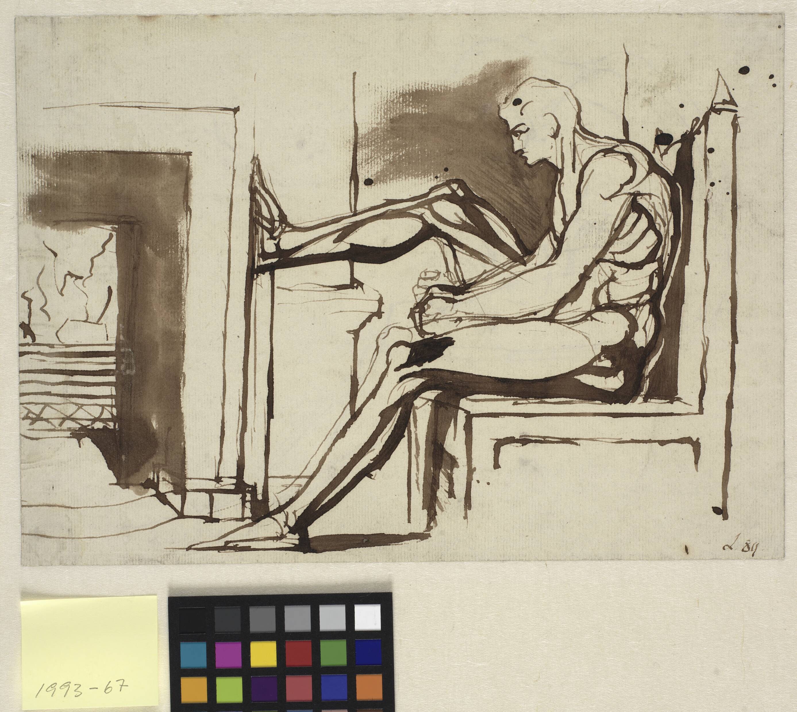 Sitting man with his right foot on a chimneypiece