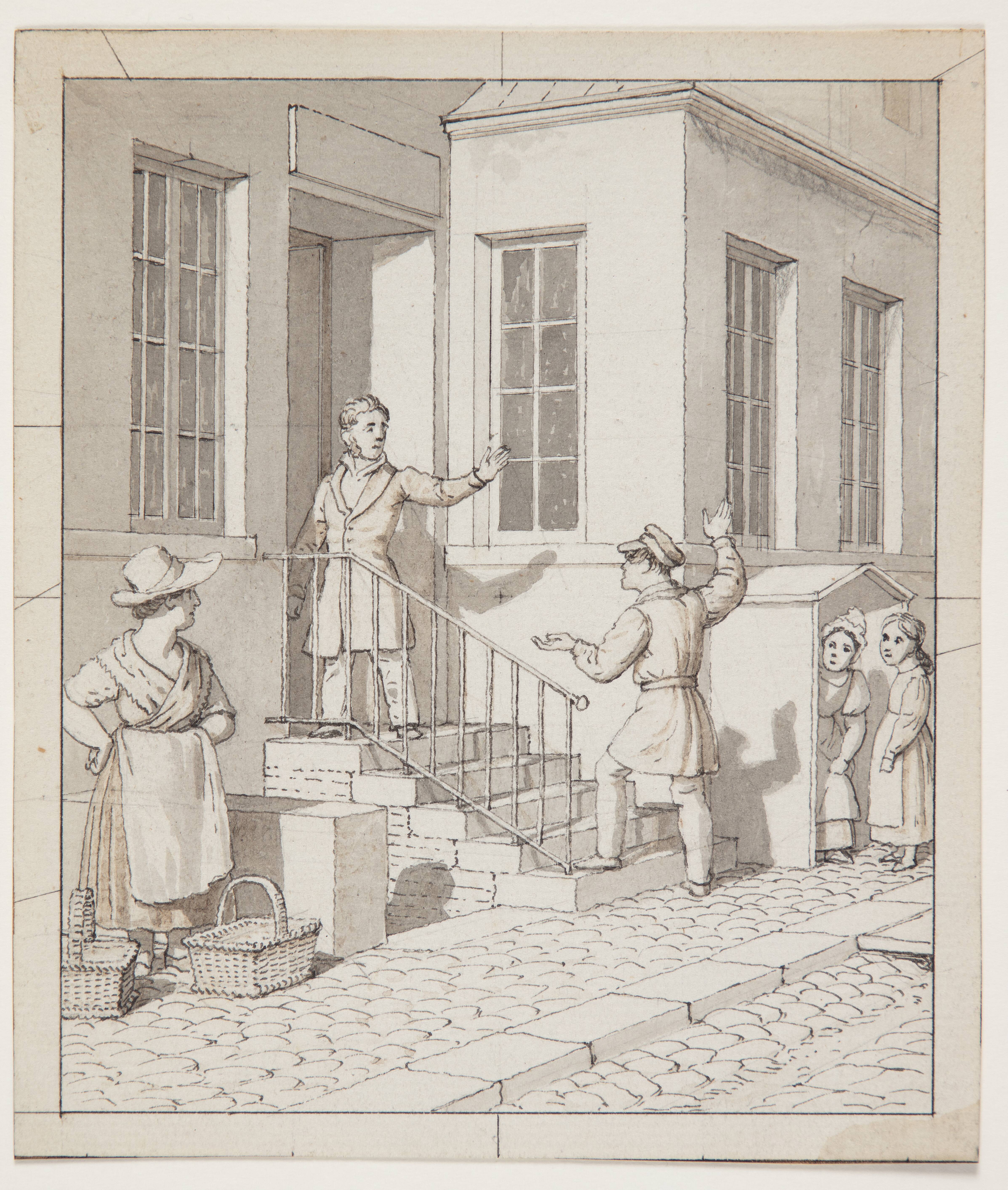 Skænderi på gadetrappen. Forstudie til "Linearperspectiven anvendt paa Malerkunsten", Tavle VII, 2