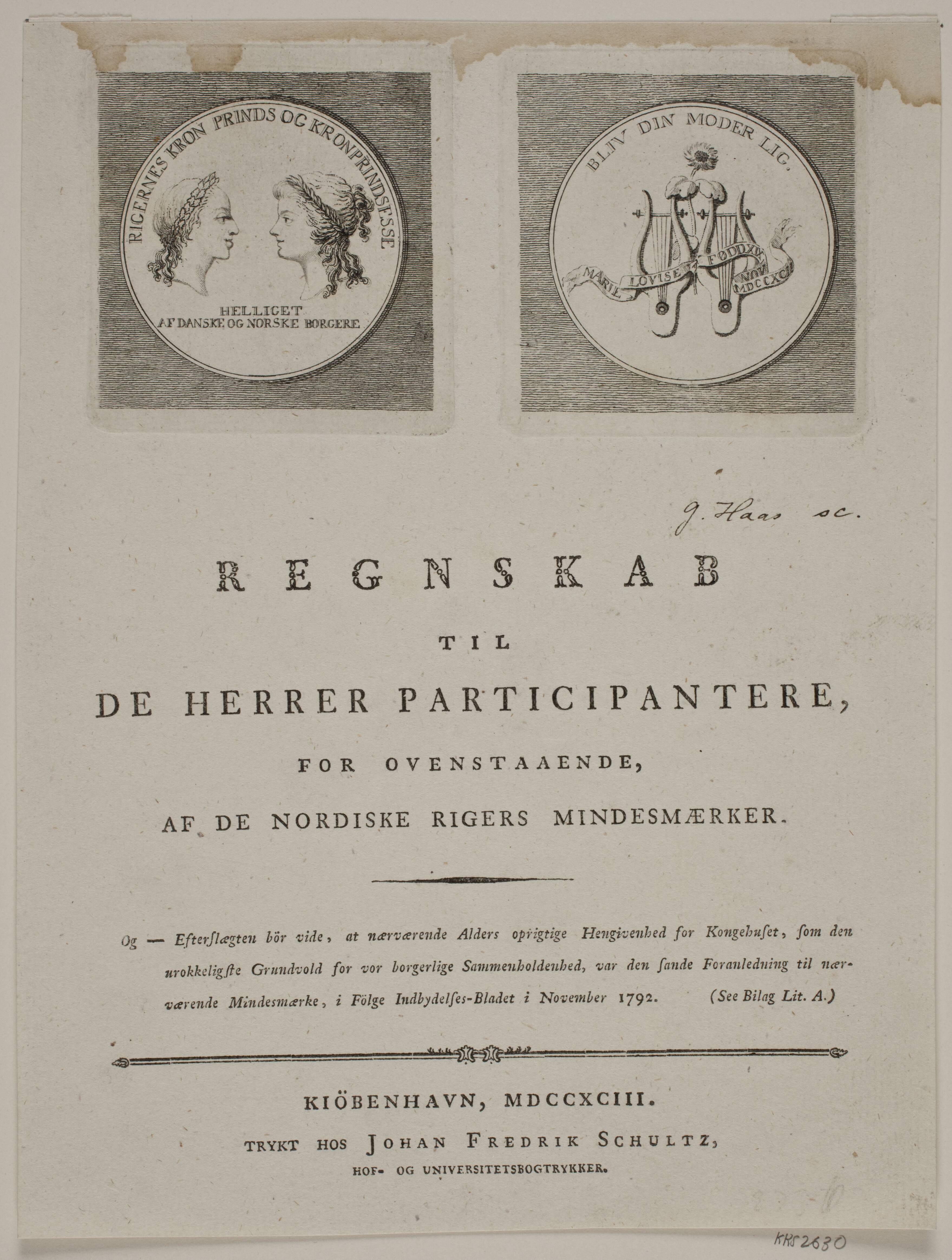 Titelblad til "Regnskab til de herrer participantere, for ovenstående af de nordiske rigers mindesmærker"