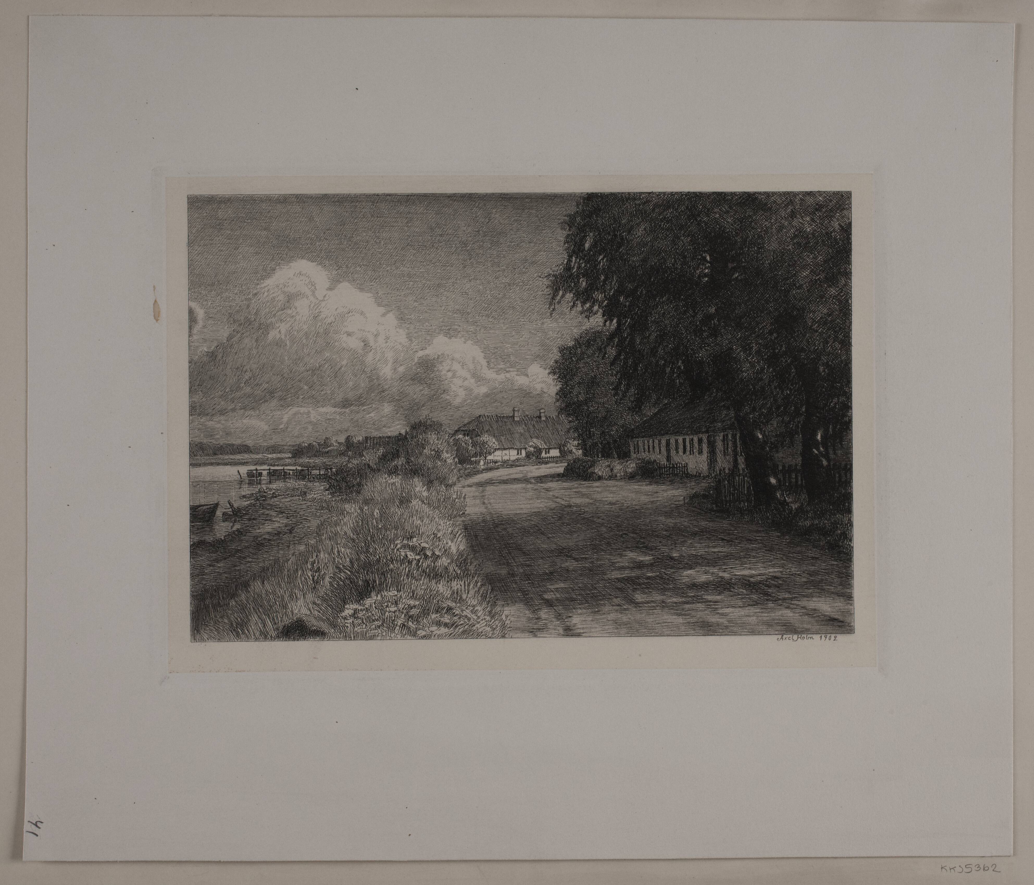 Landskab med indsø. Huse