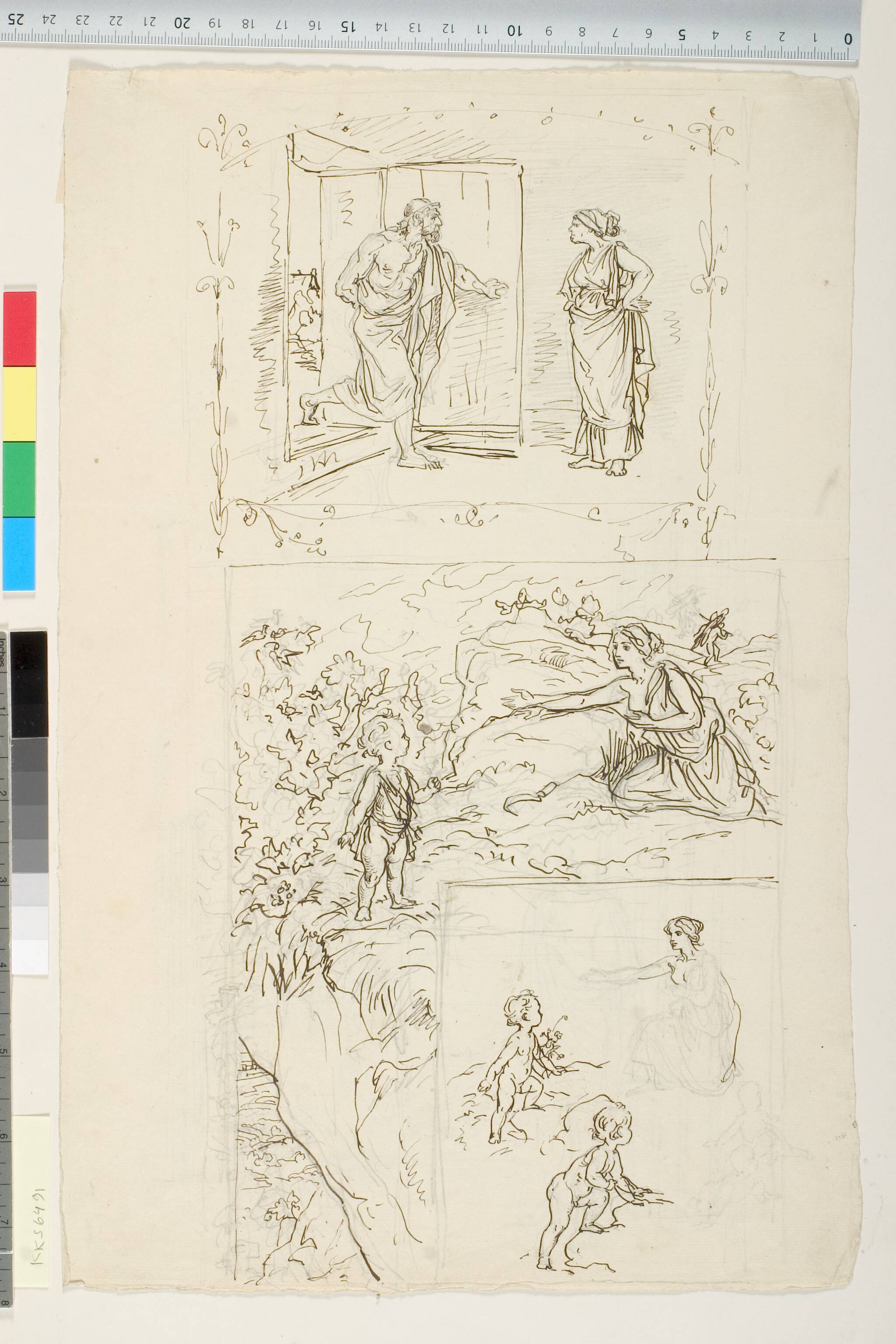 Illustration til humoreske af Makedonios "Just som jeg gik og tænkte paa, hvor rart det ville være, om min kone ville lægge sig til at dø..." F.n.: Illustration til digt af Parmenion. Moderen, der lokker barnet til sig ved at vise det sit bryst