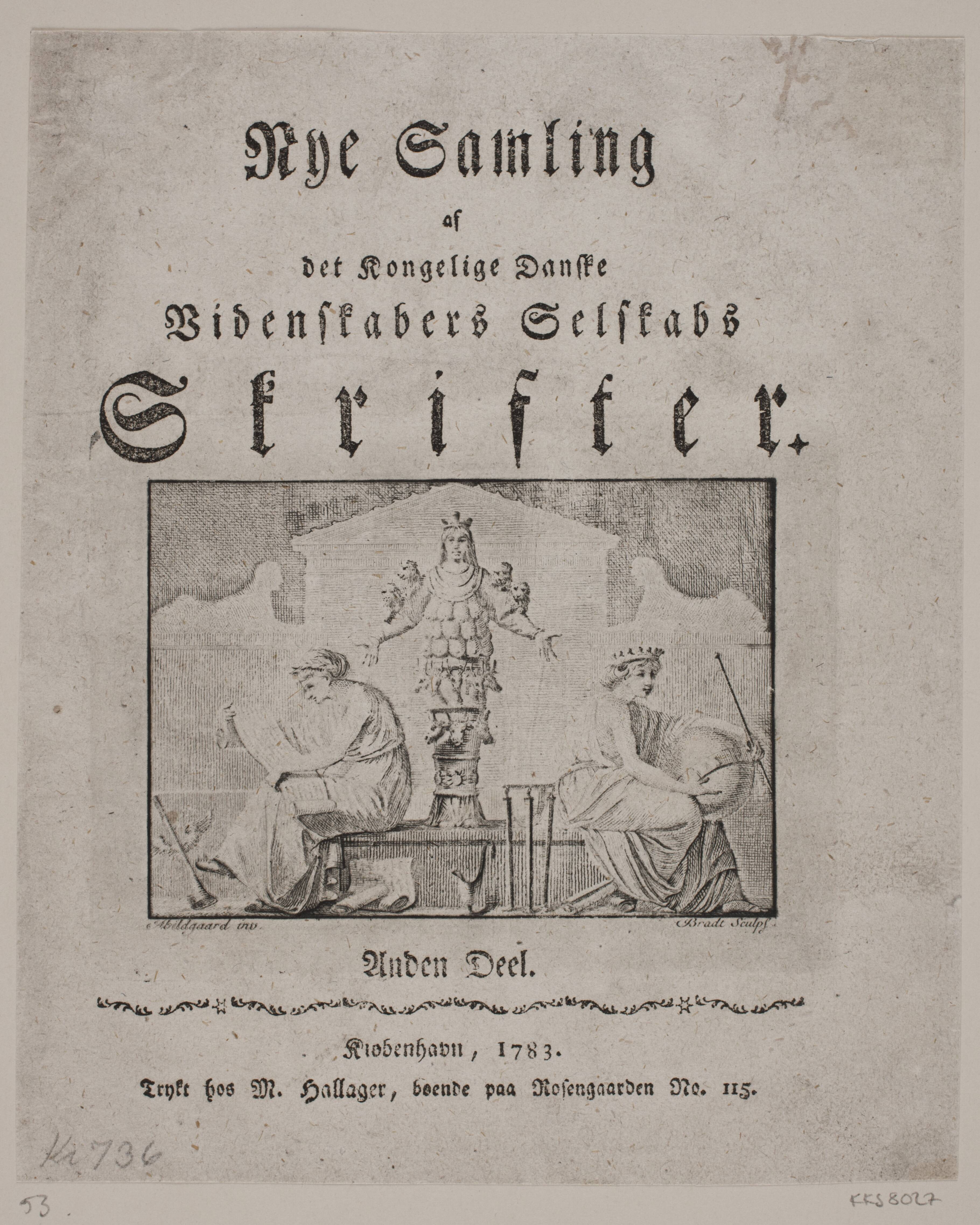 Titelblad til Nye Samling af det kgl. danske Vidensk. Selskabs Skrifter II 1783