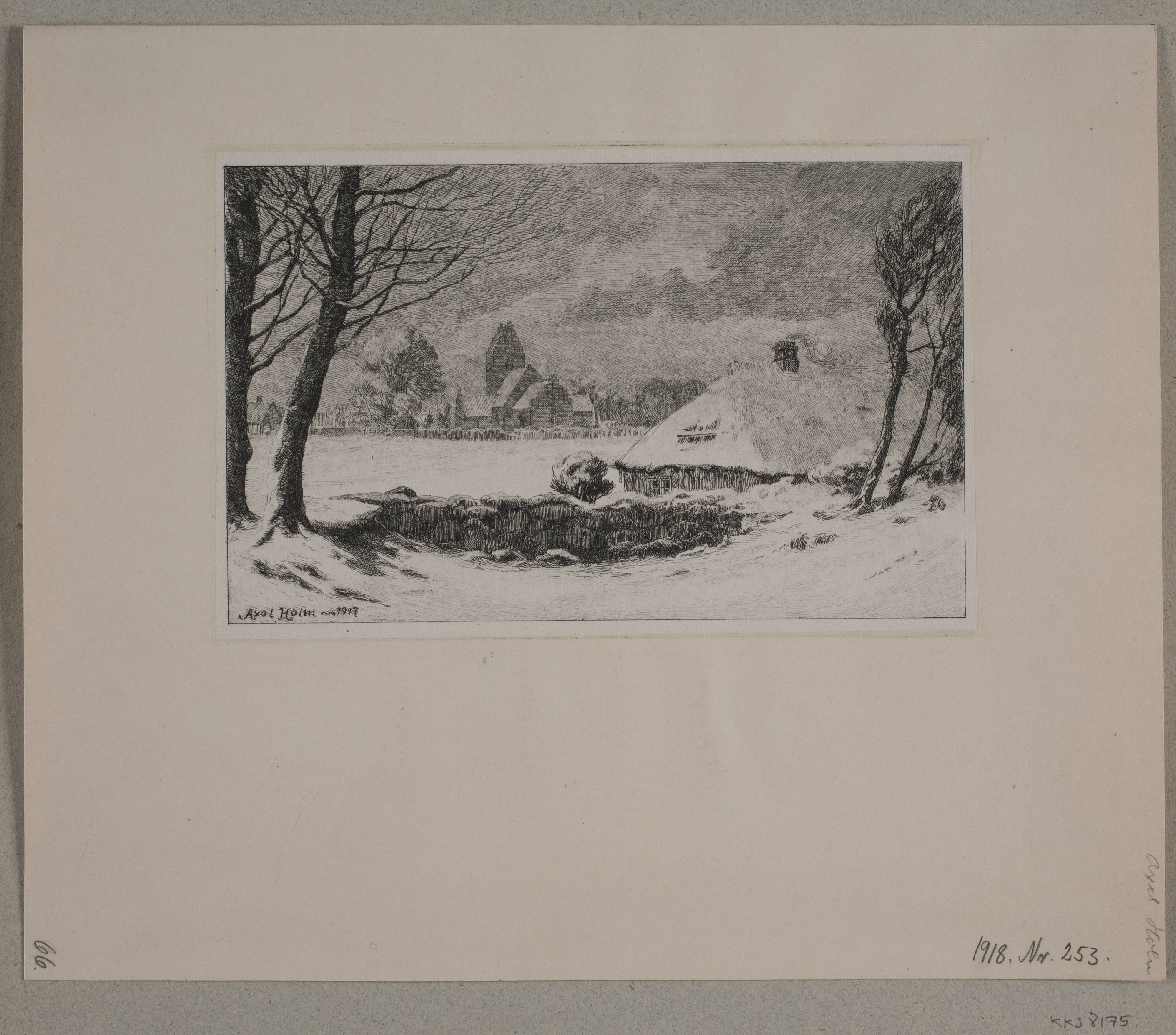 Vinterlandskab med bondehus og kirke