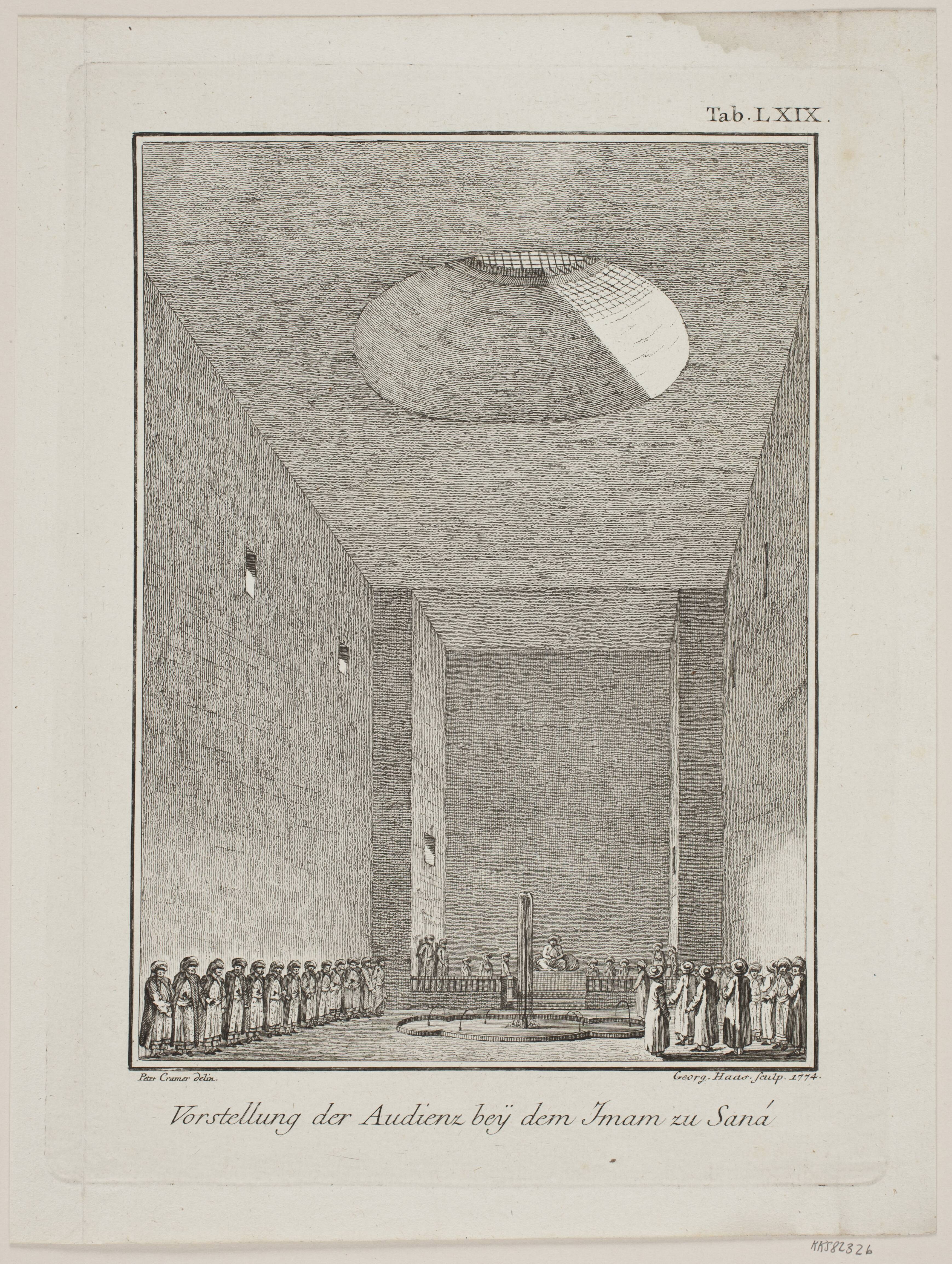 Vorstellung der audienz bey dem iman zu Sana. Illustration til Niebuhrs "Reisebeschreibung nach Arabien", 1. del